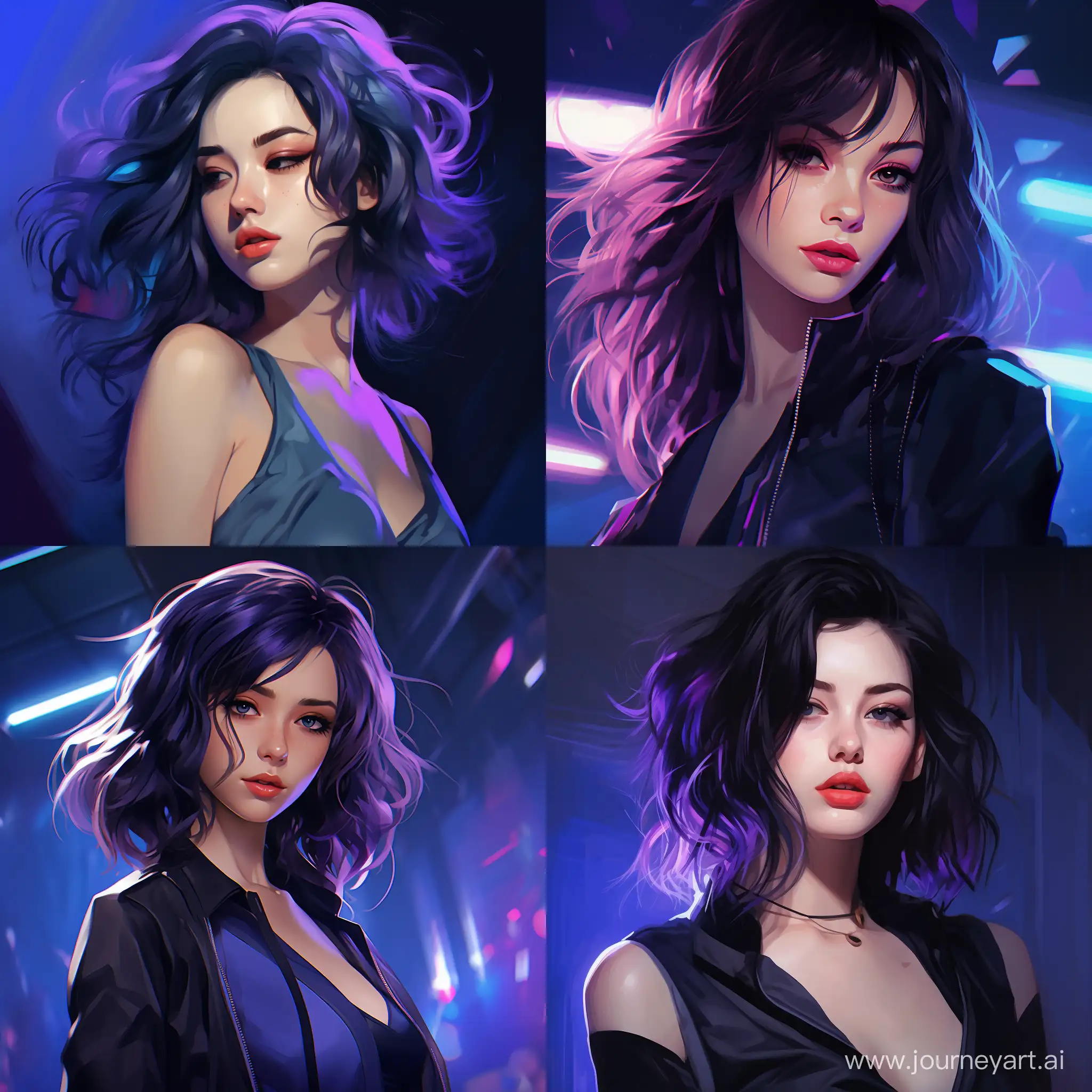 Anime woman portrait , 90s aestethic, digital art, 2d,  purple blue, high contrast, nightlife, inspired by nogami saeko from city hunter anime serie, realistic