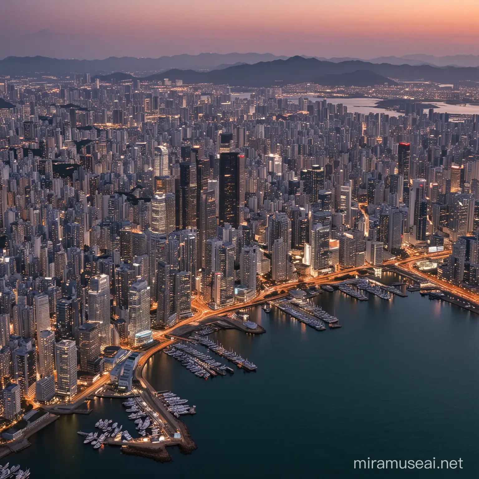 Modern Coastal City with HighRise Buildings at Dusk