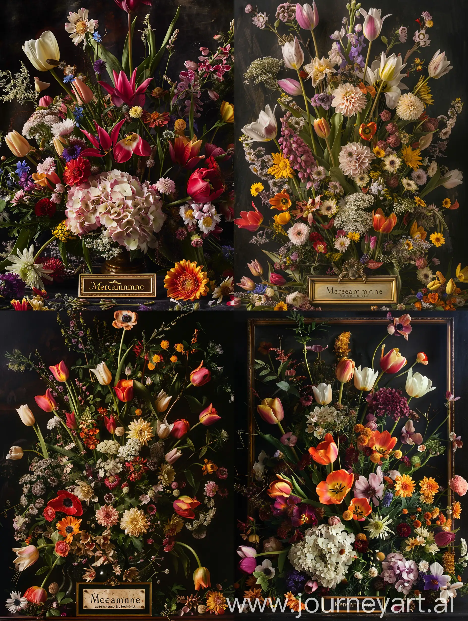 A lavish and intricate floral arrangement consisting of tulips, chrysanthemums, hydrangeas, and assorted wildflowers set against a rich, dark background. The composition exudes a Baroque-era aesthetic with a dramatic play of light and shadow highlighting the velvety textures and vivid colors of the petals. A gold-framed label with elegant script at the bottom center adds a classical touch, reading "Mereamnne - Curated by Girard Barrane," evoking a sense of timeless artistry and botanical sophistication. The entire scene captures a still life quality, reminiscent of 17th-century Dutch master paintings. --v 6 --style raw --ar 3:4