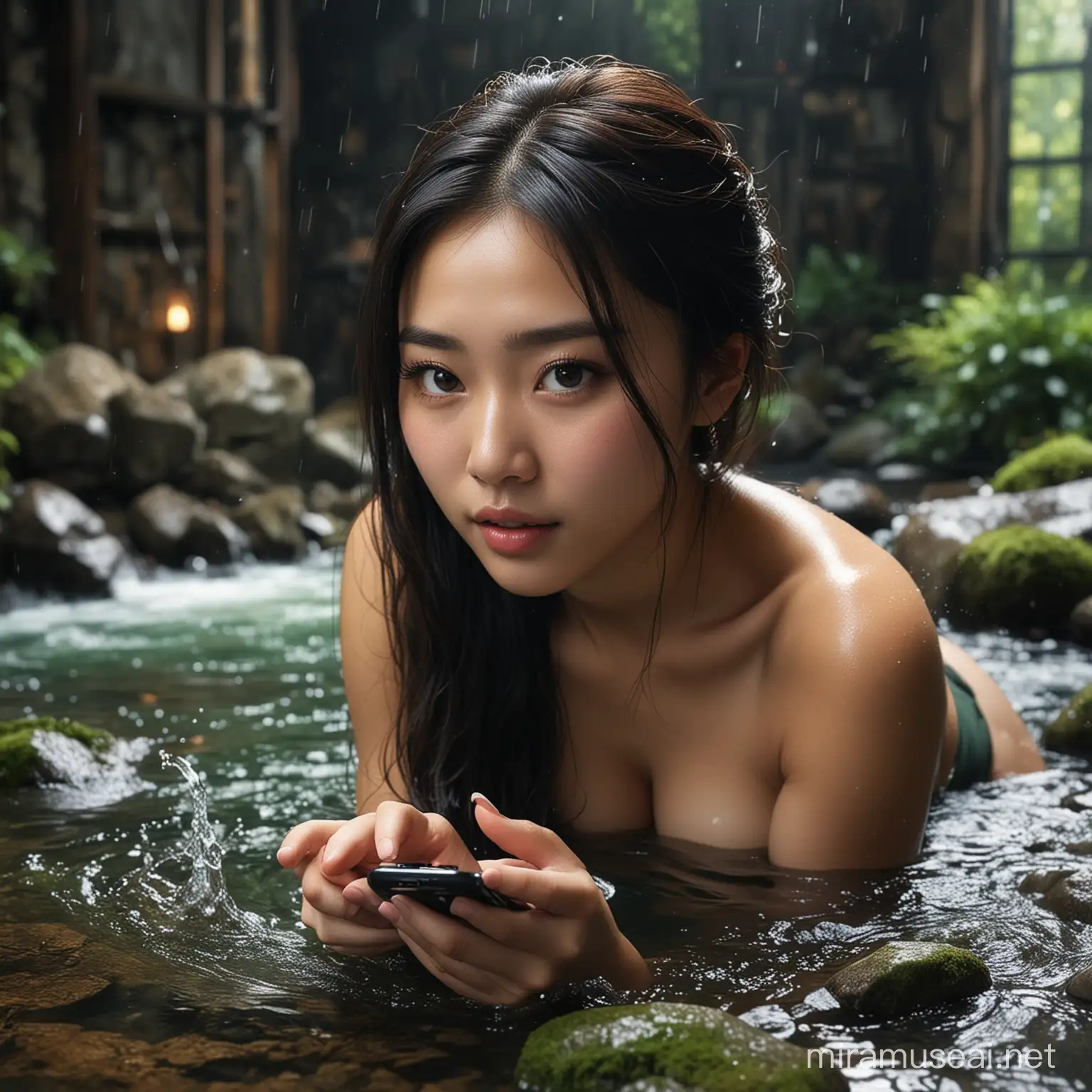 showing a cell phone lying on the table, a small river with mossy rocks and flowing river water, you can see a pretty girl Asian 21 young old, big breasts, sexy-body shot, a girl emerging from the water on the cell phone, the cell phone emits light, the background in the room is dark, the visuals are very detailed, HD8K photography. super detail, hyper realistic, resolusion UHD 40K