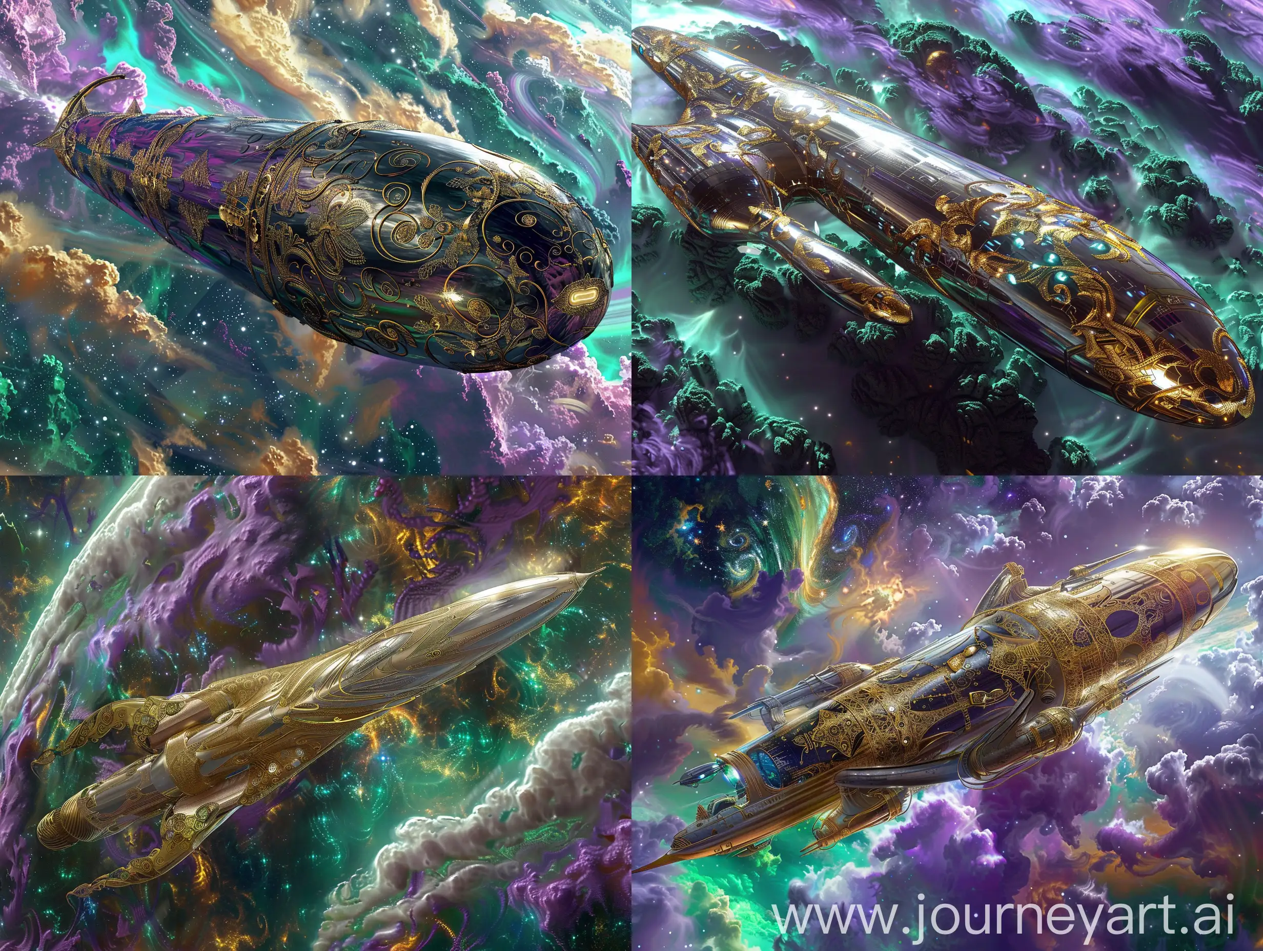 A sleek, futuristic spaceship adorned in intricate gold and silver filigree approaches an exotic planet. The metallic hull gleams in the starlight, reflecting the planet's vibrant colors. The planet itself is a lush paradise, with swirling purple and turquoise clouds swirling above emerald green forests and crystalline seas. This stunning image, perhaps a digital painting, is rendered with incredible detail and rich, immersive colors that transport viewers to this far-off world.