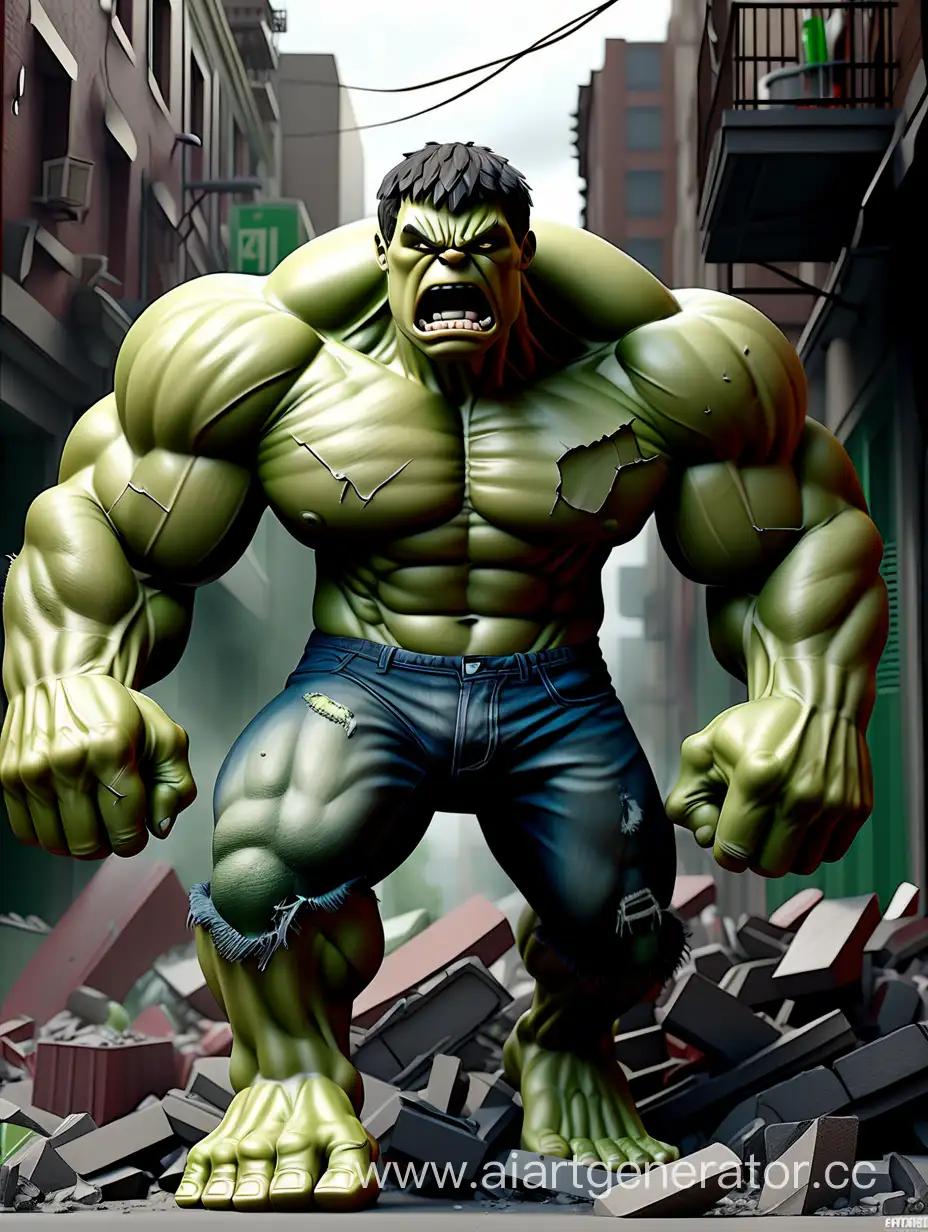 (best quality,4k,8k,highres,masterpiece:1.2),ultra-detailed,(realistic,photorealistic,photo-realistic:1.37),3D fullbody,The Hulk,complex background,green skin,strong muscular physique,bulging veins,angry expression,ripped clothing,dark and dramatic lighting,shattered buildings,dust and debris,flying debris,powerful punches and impact,city in ruins,dense smoke,electricity sparks,cracks on the ground,fire and explosions[src]