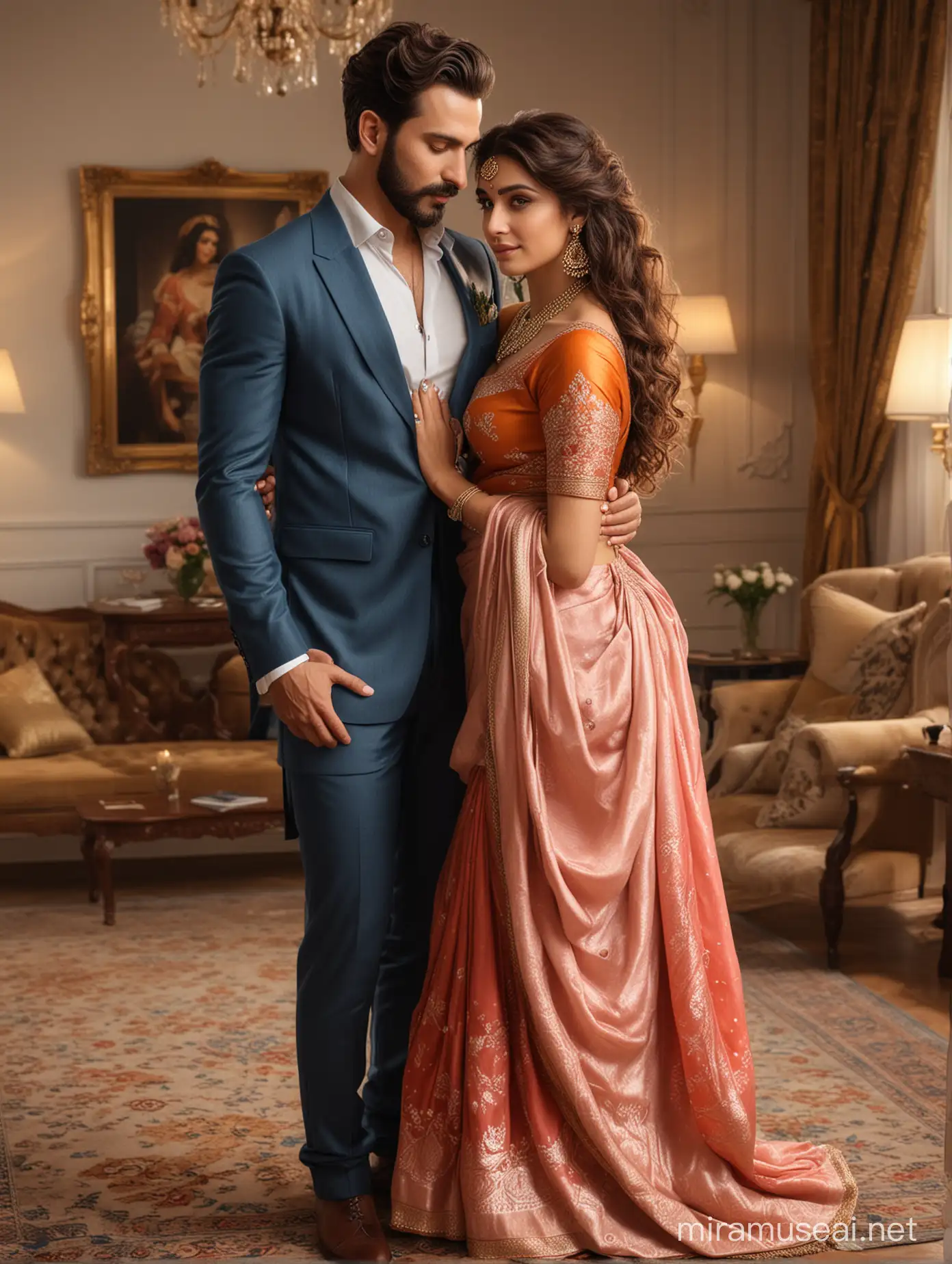 full body view  of most beautiful european couple as most beautiful indian couple, most beautiful girl in elegant bold color saree and long curly hairs, hairs tied  up with hair style stylishly, necklace,   big wide black  eyes, full face, makeup, low cut neck, man embracing with emotion and possessive feeling, pressing face to chest of girl for solace,  woman  comforting man placing her hands around him,  man with stylish beard, perfect short  hair cut, formals, photo realistic, 4k.
background, spacious modern elite photo room, with luxury sofa set, cream color carpet, elegant interior designs, vintage lamps, romantic reunion ambience, photorealistic, vibrant colors, intricate details, 8k.