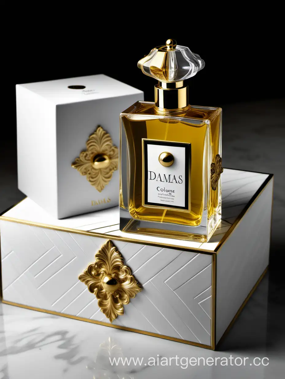 a bottle of damas cologne sitting next to a dark White box,with golden lines a Baroque dynamic luxurious composition, feminine
flemish Baroque