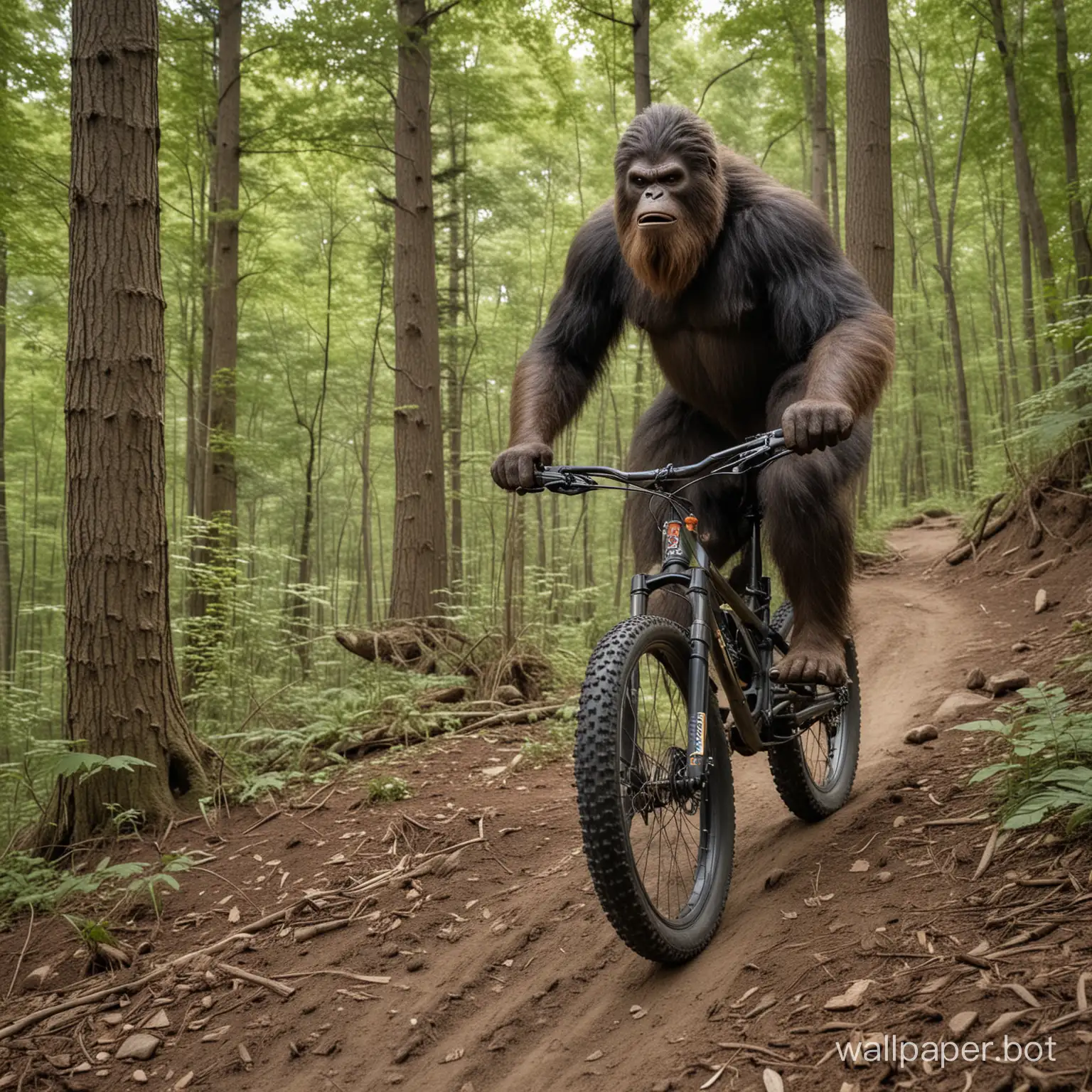 Bigfoot riding a mountain bike on a wooded trail