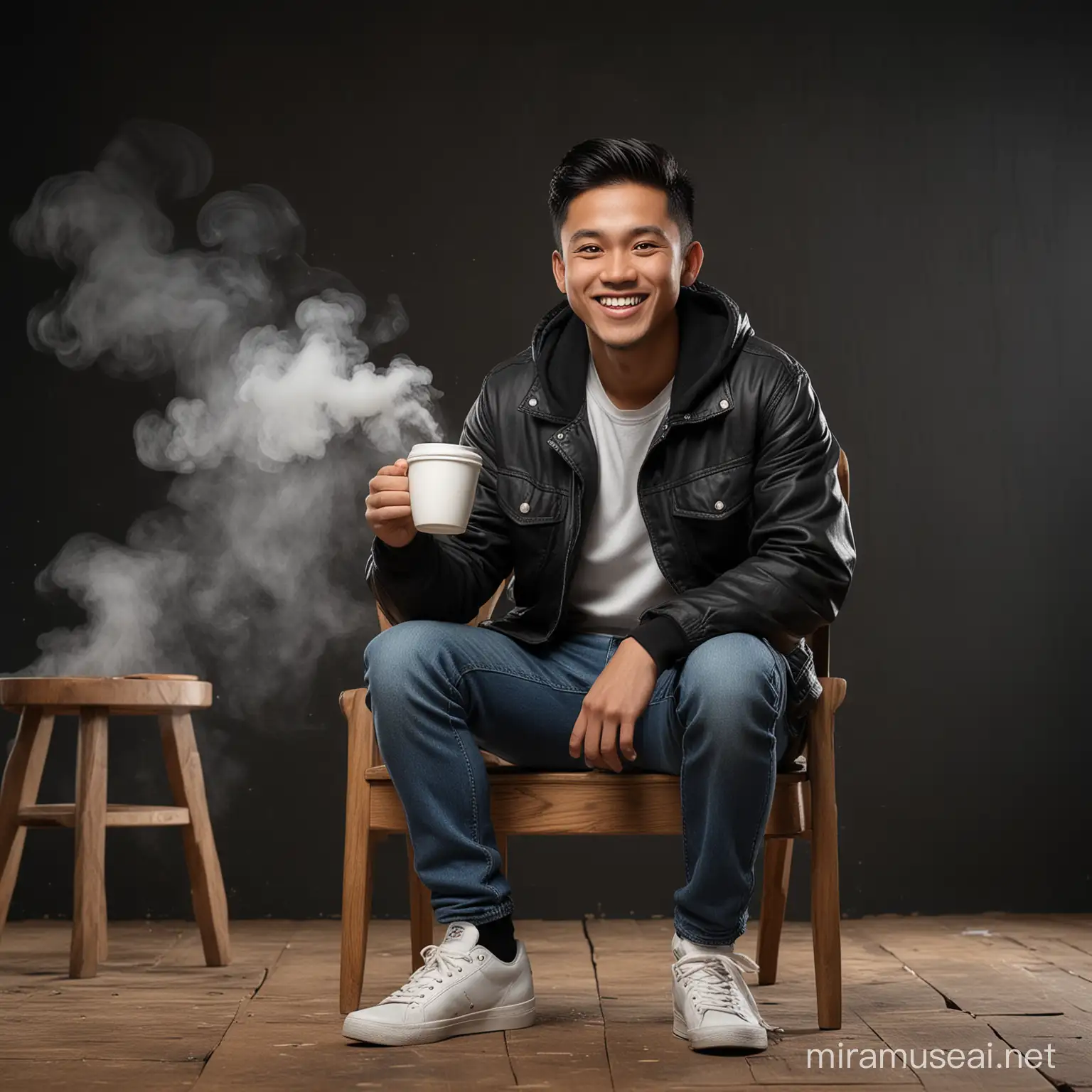 Indonesian Man Enjoying Coffee on Wooden Chair with Smoke Effect