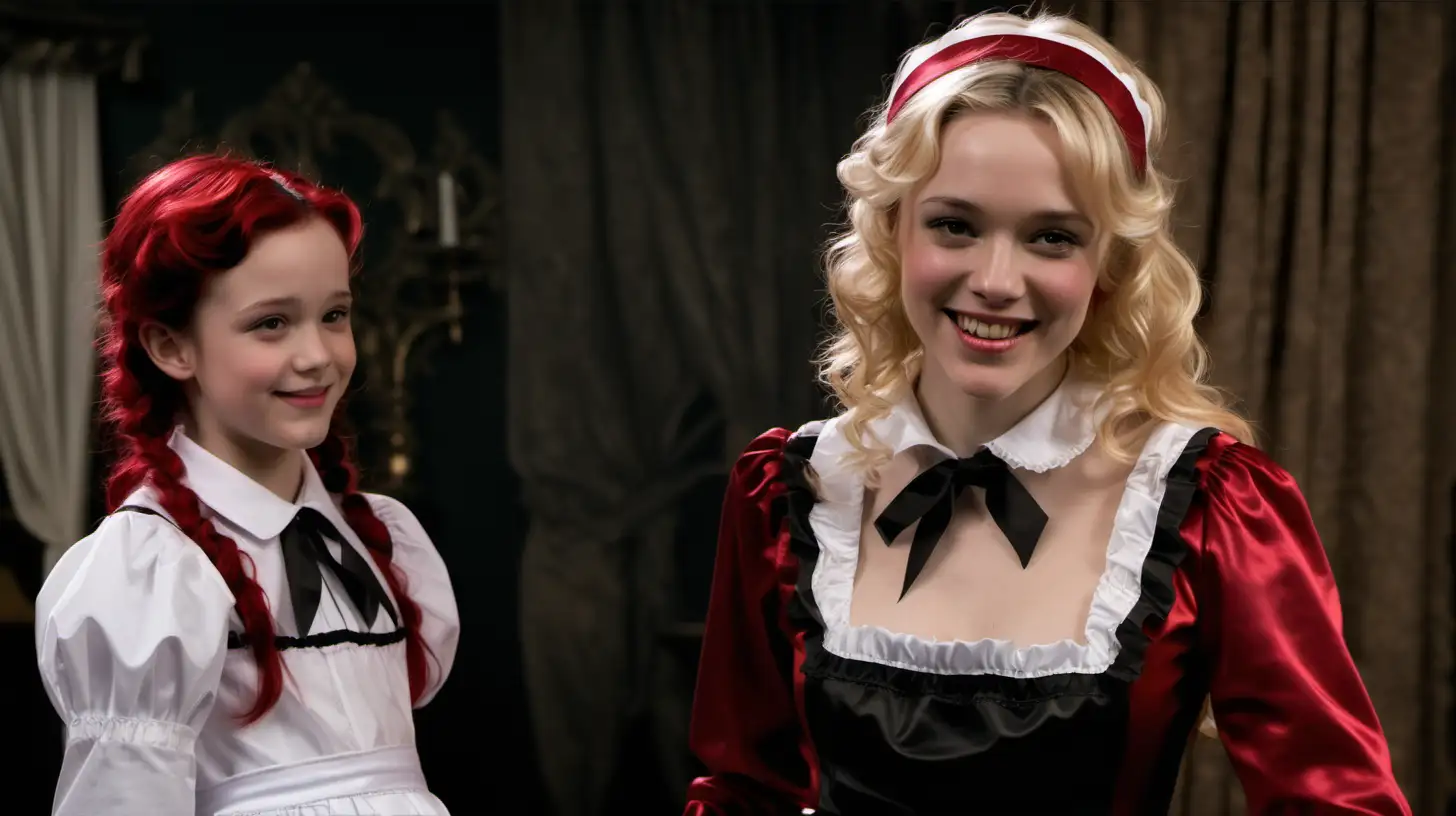 girls in long crystal silk satin red black,lila retro victorian maid gown with white apron and peter pan colar and long sleeves costume and milf mothers long blonde and red hair,black hair rachel macadams  smile in kingdom