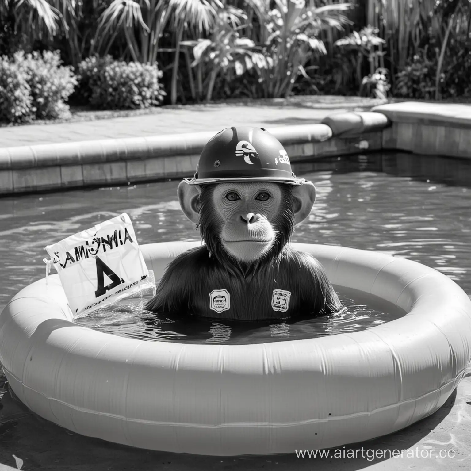 Мартышка в каске купается в надувном бассейне с аммиаком (на бассейне надпись "Аммиак"), Картинка черно белая