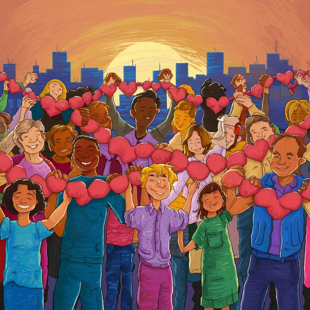 Silhouettes of people holding hands, hearts forming a chain, or diverse groups celebrating together.