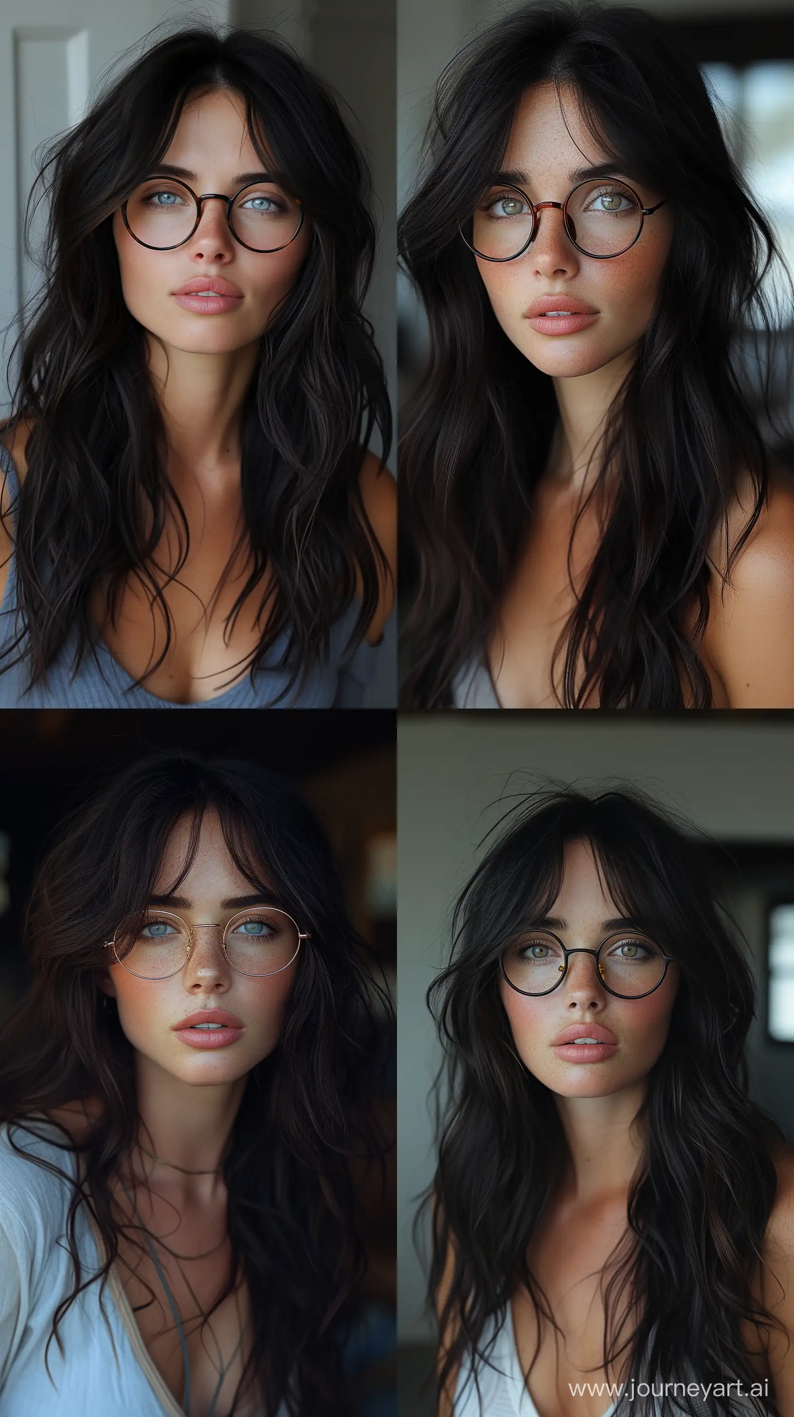 a realistic photo of a [very pretty 26 year old woman], with [long, wavy, dark hair], looks like [Dakota Johnson] and [Felicity Jones], wearing [thick nerd glasses], light makeup, looking [innocent, cute, flushed], [light] skin --ar 9:16 --stylize 750 --v 6