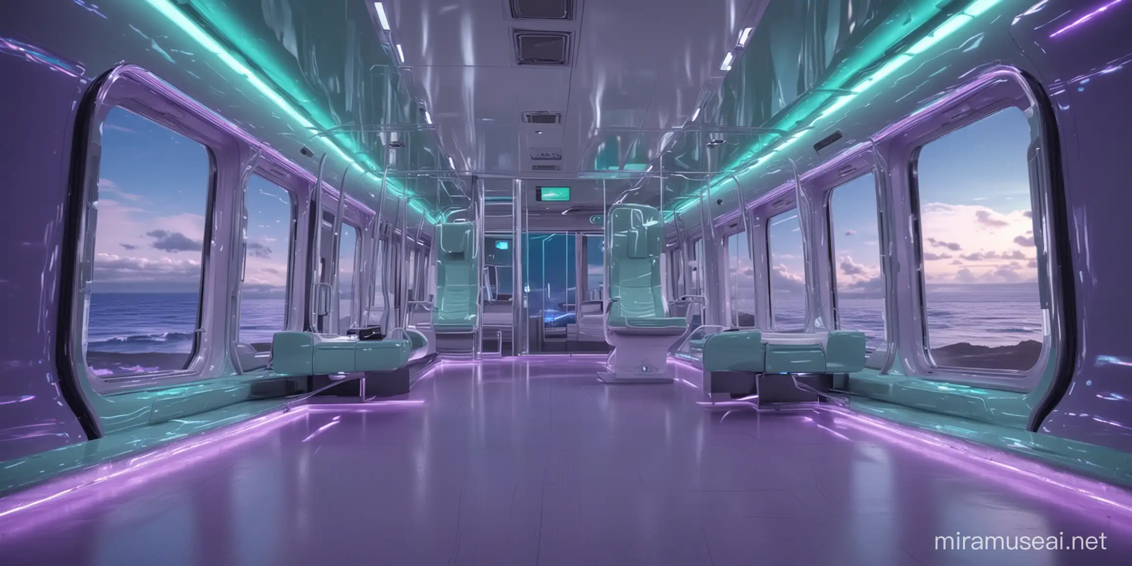 futuristic train cabin, see through floor, floor is transparent revealing a blue green ocean, future high class, transparent ceiling revealing a clear blue sky, purple and white lighting, oversized room,
Ultra High Quality, Ultra HD, 8K, Vivid Brushstrokes