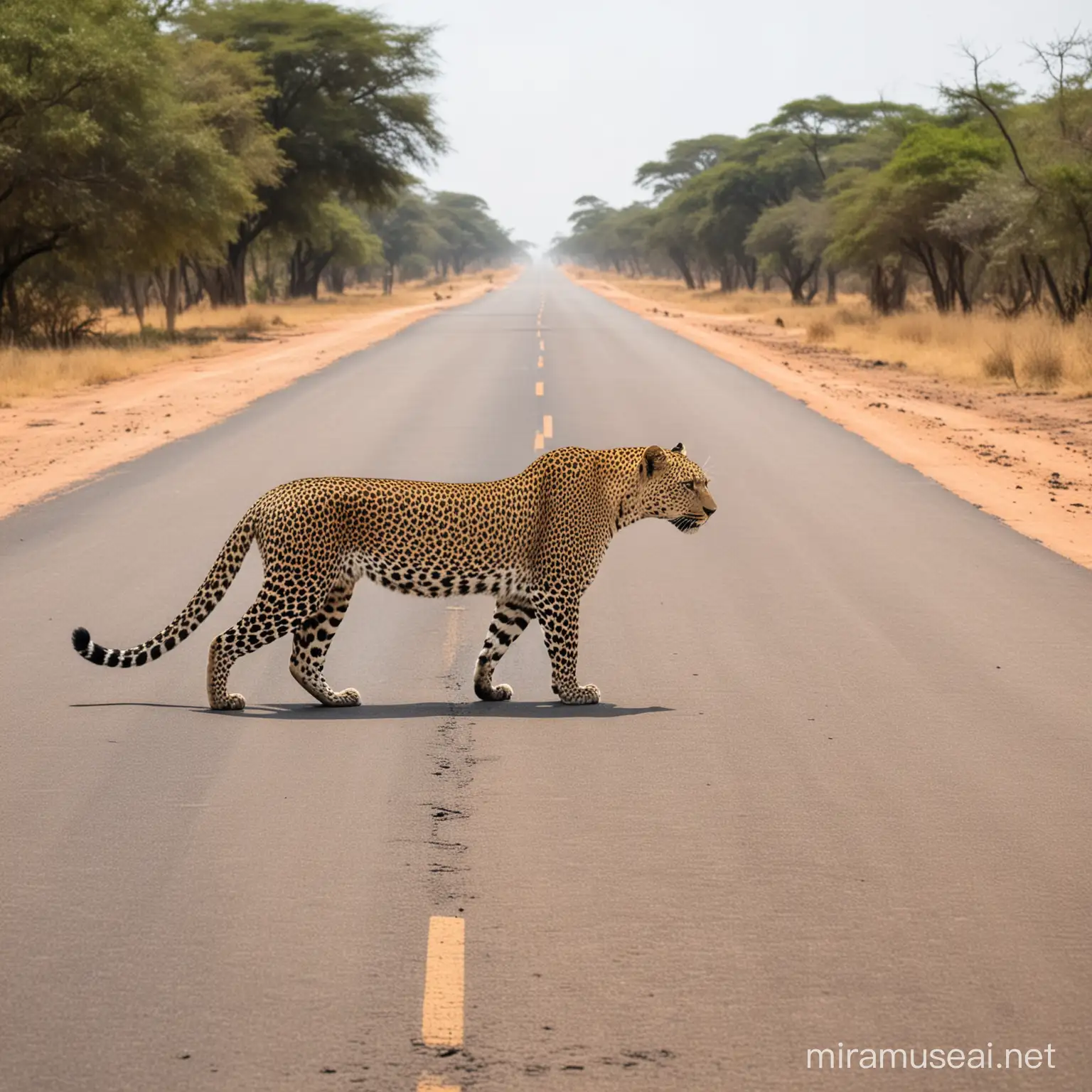 Leopard crossing road; tar road; landscape; 