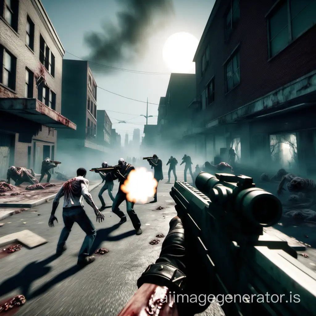 a view of male first person aiming gun on zombies in apocalypse city.