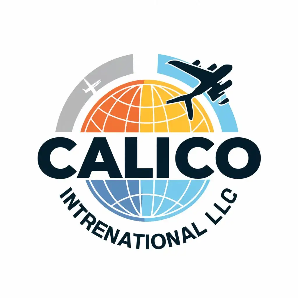 logo, Coloured Globe using white, blue and yellow colour only, map and realistic aeroplane, with the text "Calico International LLC", typography, be used in Travel industry