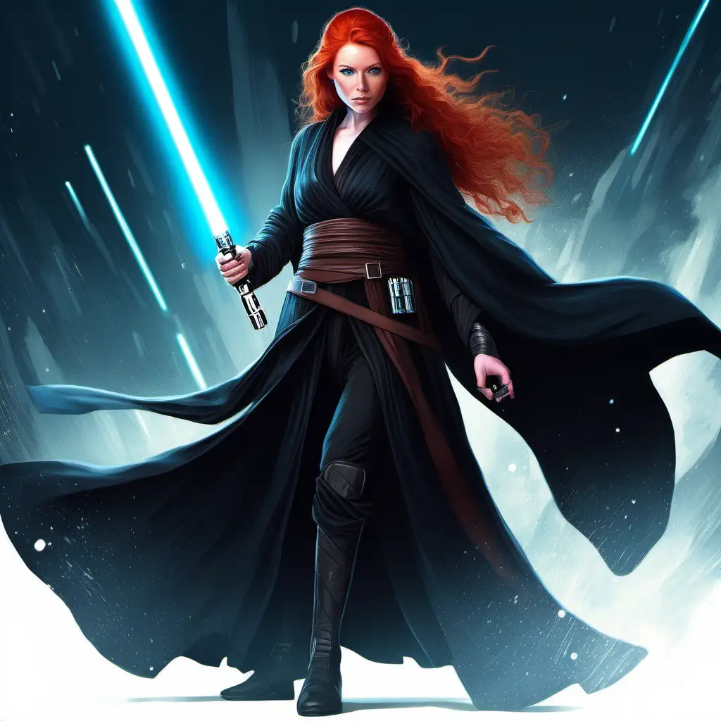 Red haired woman who is a jedi, wielding a lightsaber, dressed in black robes, blue eyes, young and feminine face.