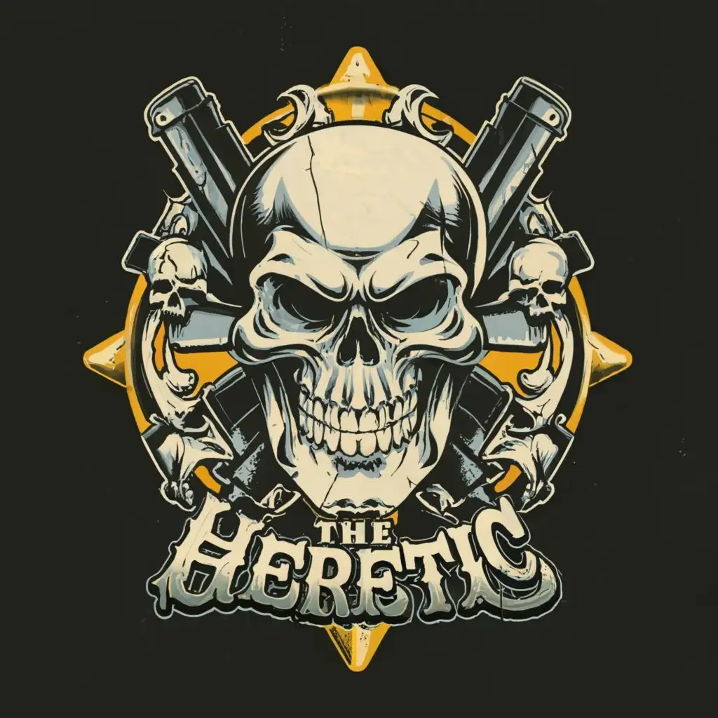 LOGO-Design-for-The-Heretic-Intricately-Detailed-Skull-with-Revolver-and-Dark-Robes