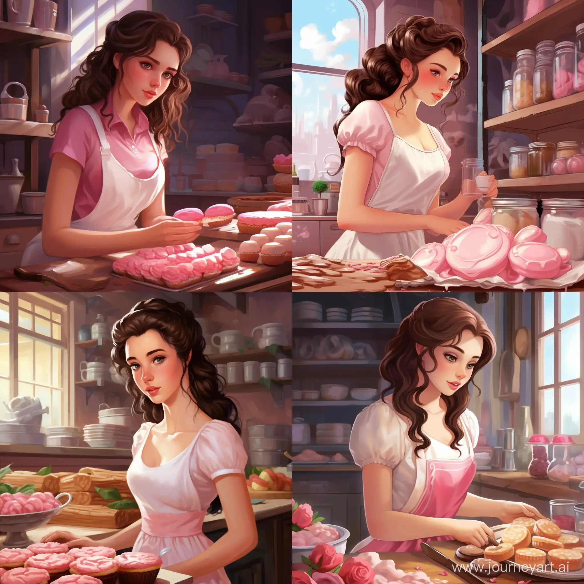 Beautiful girl, straight dark hair, expressive green eyes, snow-white skin, teenager, 16 years old, works in a bakery, pink apron, high quality, high detail, cartoon art