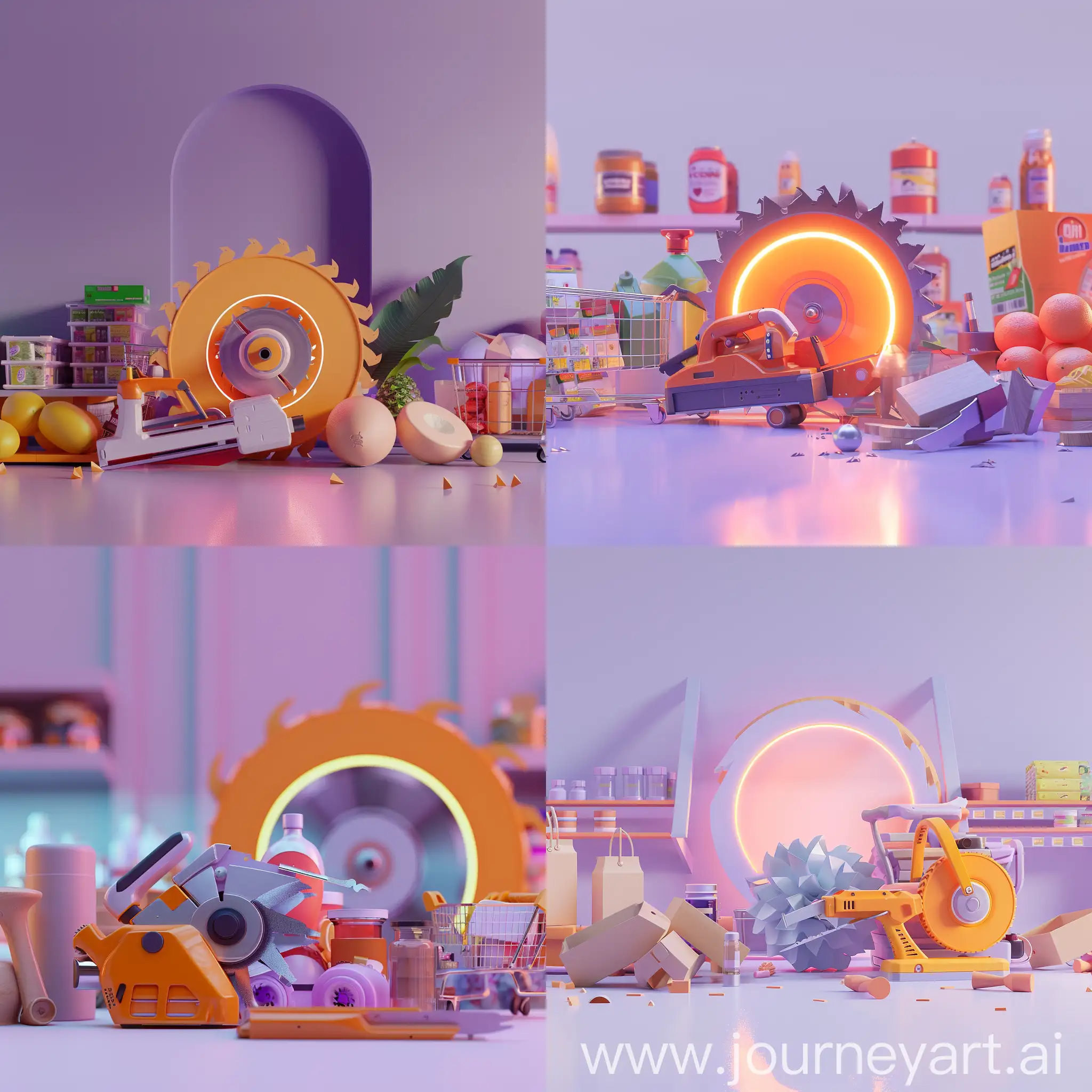 Supermarket-Scene-with-Orange-Circular-Saw-in-Soft-Purple-Lighting