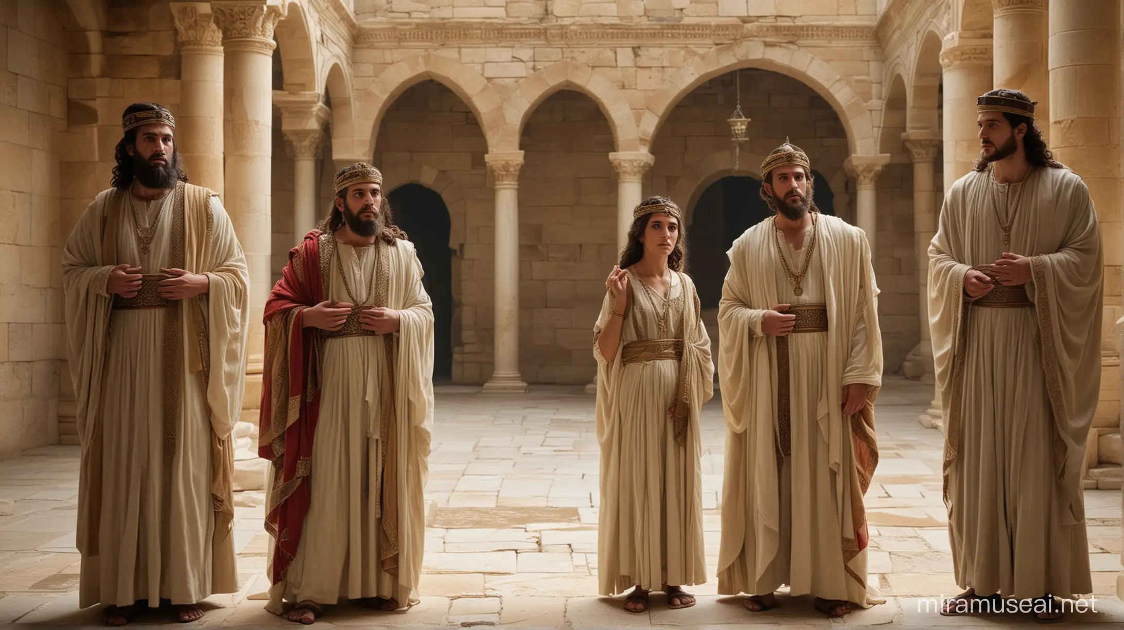 The three sons of King Herod the Great with her sister Salome are inside a Palace in Jerusalem in the 1st century, they are in their 30s and they look worried