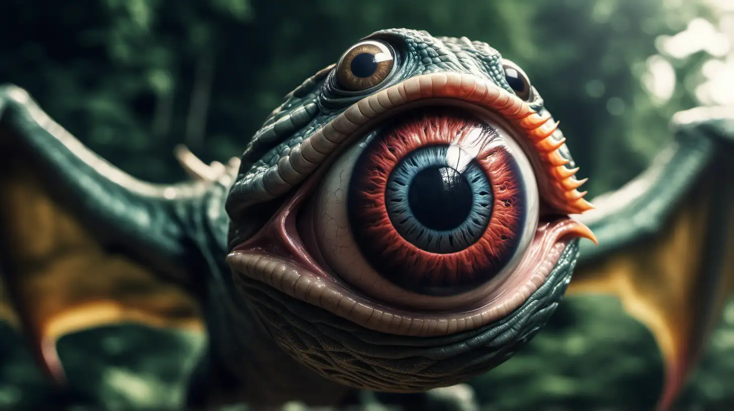 16:9 aspect ratio. color photo style image. Create an image of a giant eyeball  being carried in the claws of a flying pterodactyl. Pupil of the eyeball is reptilian and looks like a slit