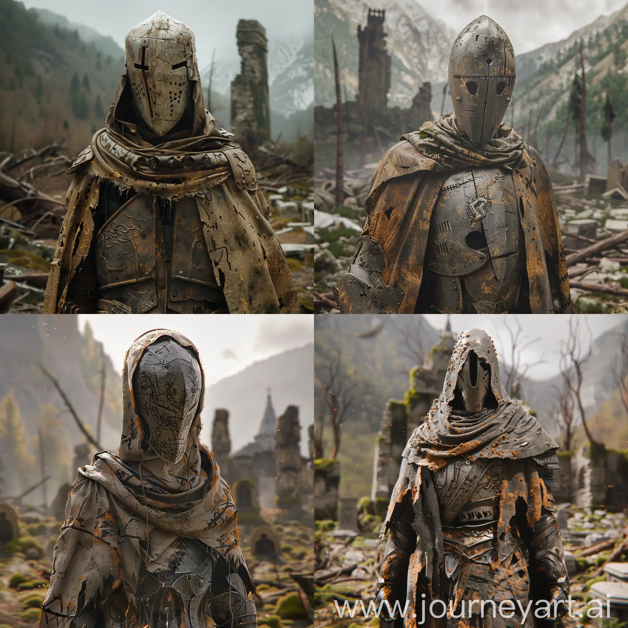 Masterpiece, 4k, unreal engine m5, volumetric lighting, dof, bokeh, hyper realism, adof, vignette, dust, moss, aged, old, scarred, burnt, runic, holy, magic, scorcerer, mechanized, light armour, dark fantasy, fantasy featureless helmet, highly detailed, tattered robes, burnt robes, destroyed land, castle ruins in background, burnt wood, unmarked tombs, mountainous background, dead forest