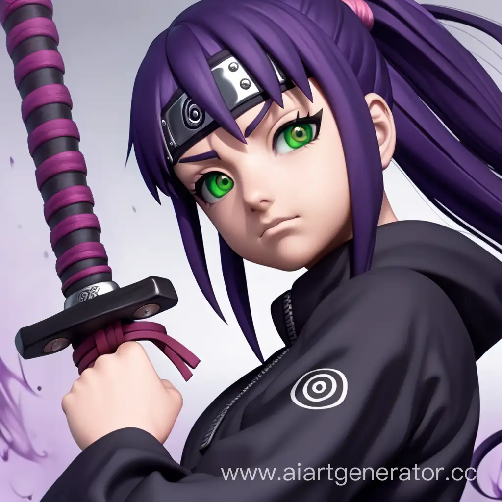 Naruto, Young woman, perfect figure, green eyes, purple hair, cute face, black ninja clothes, one katana