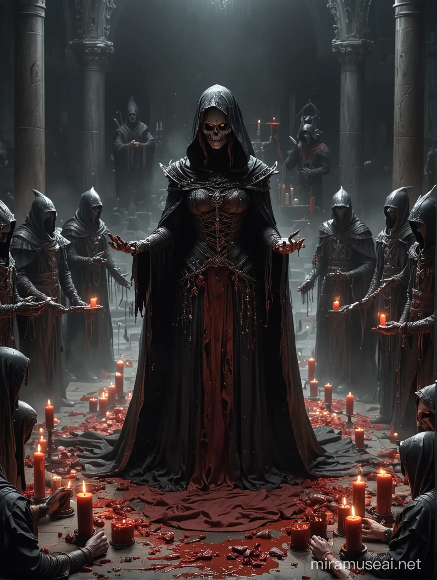 The main character is a queen lich performing a dark ritual on a bloody altar. Around her are hooded acolytes bowing.