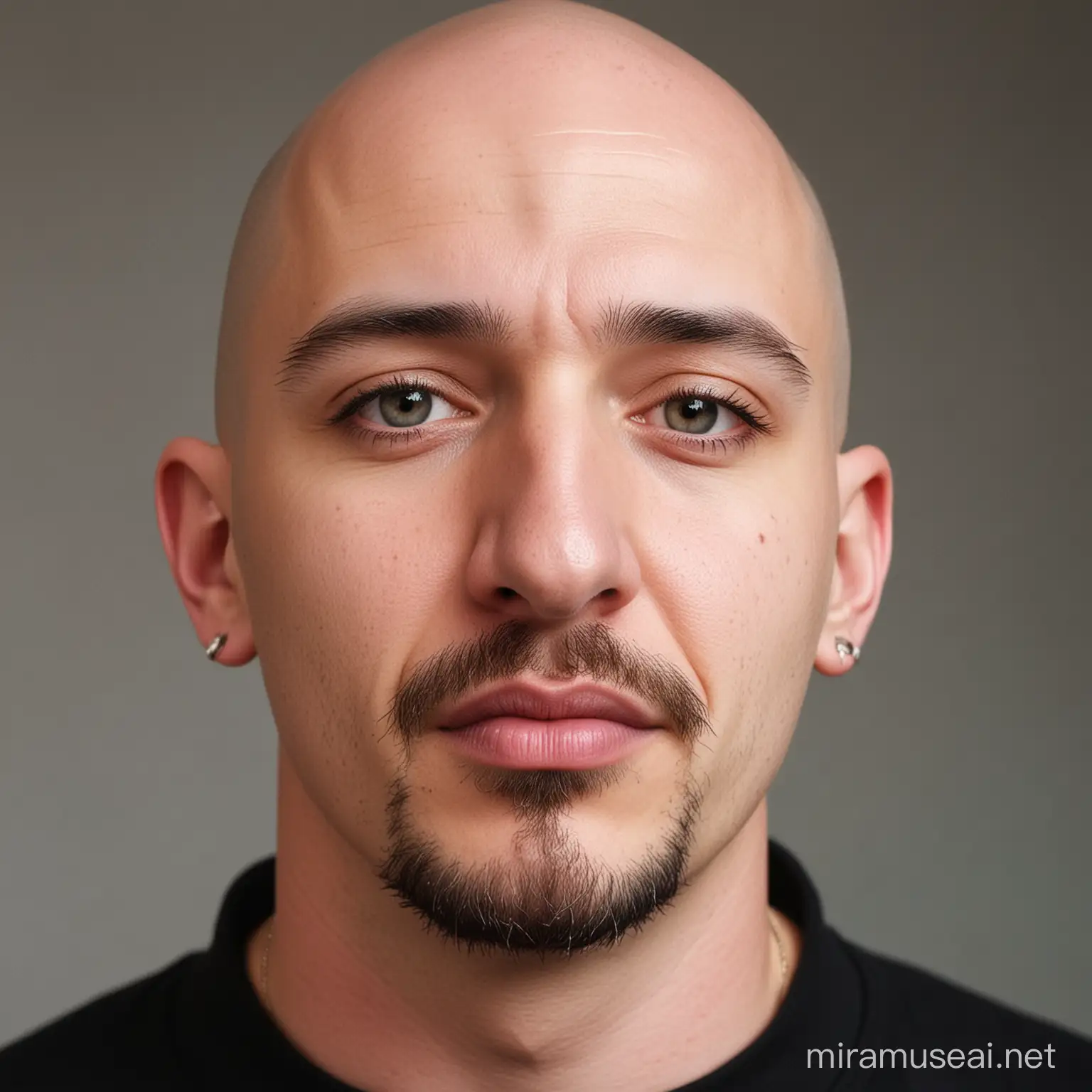 A bald man with a short goatee and a large nose piercing protruding from each nostril