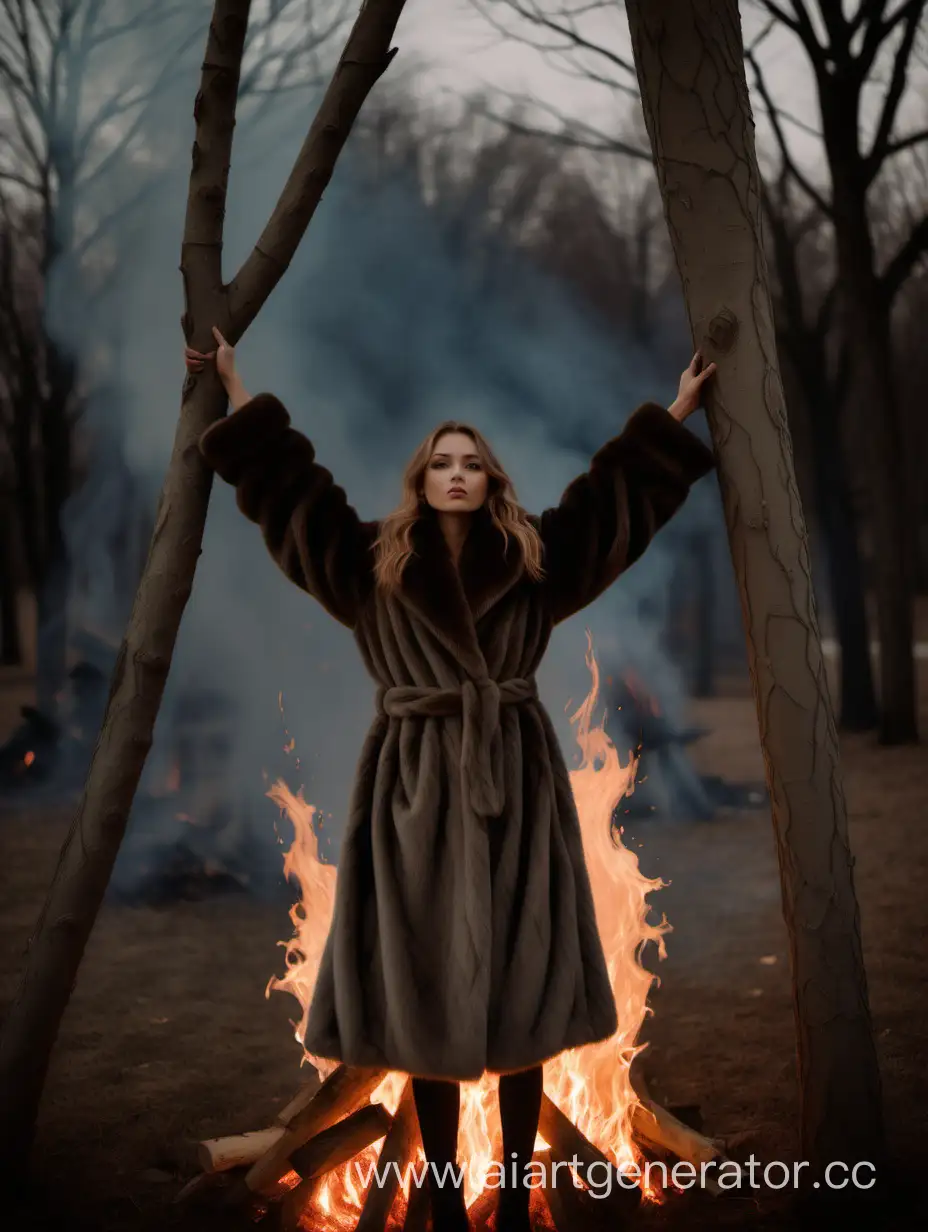 Stylish-Girl-in-Mink-Coat-Poses-by-Bonfire