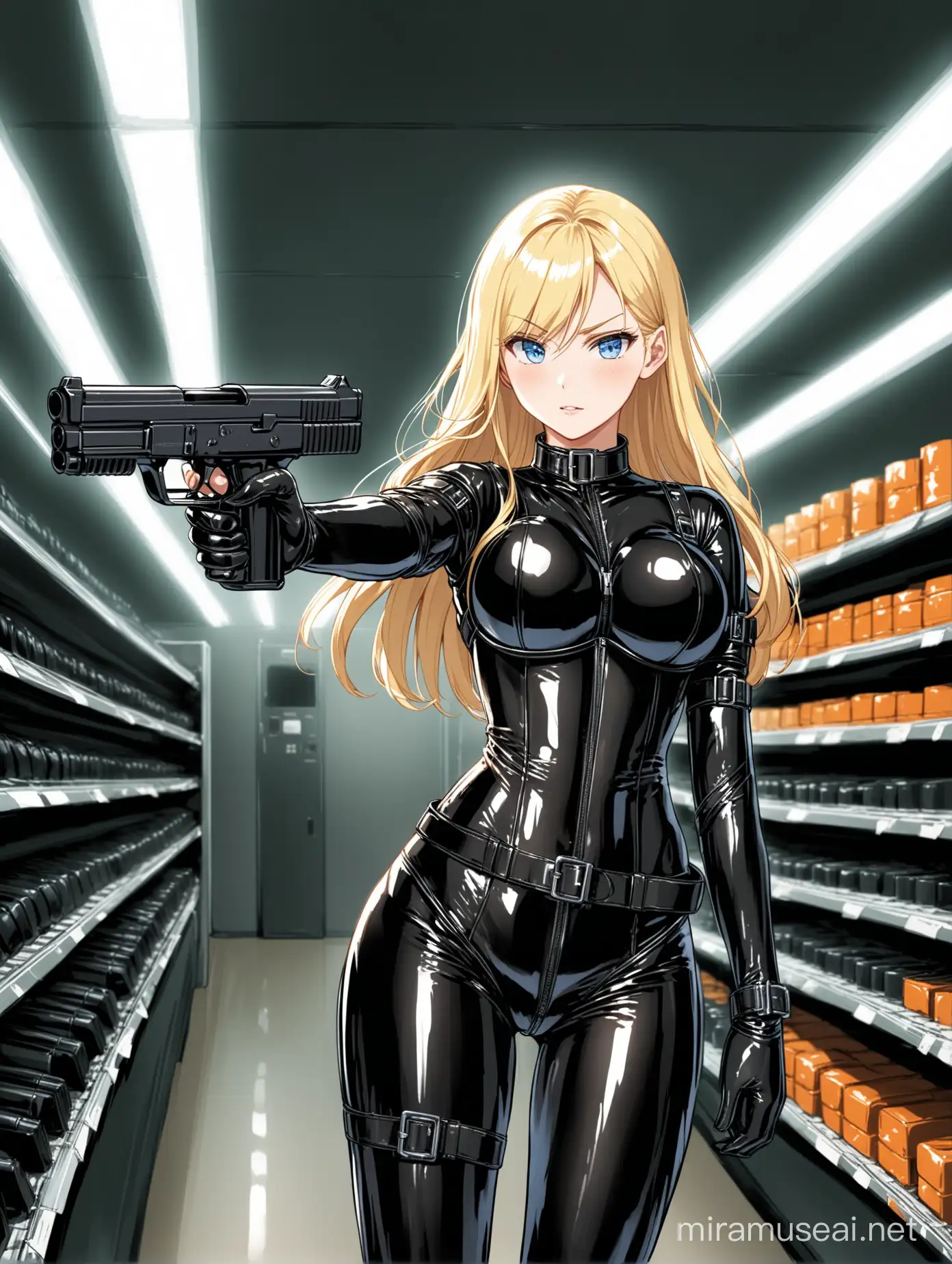 A pretty blond hair woman, assassin, shoulder length hair, blue eyes. holding s uzi 9mm both hands, aiming., standing upright. action pose. wearing a glossy black catsuit. neck collar, fetish corset. long gloves, arm straps. many belts. thigh straps. heavy rubber outfit. fetish wear. solo. ginning, inside a convenience store.