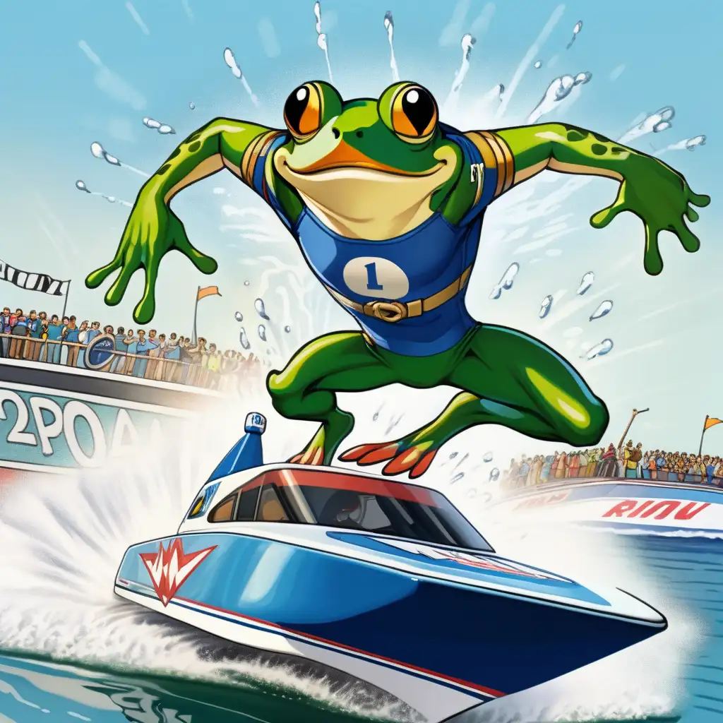 Triumphant Frog Superhero Leading HighSpeed Boat Race
