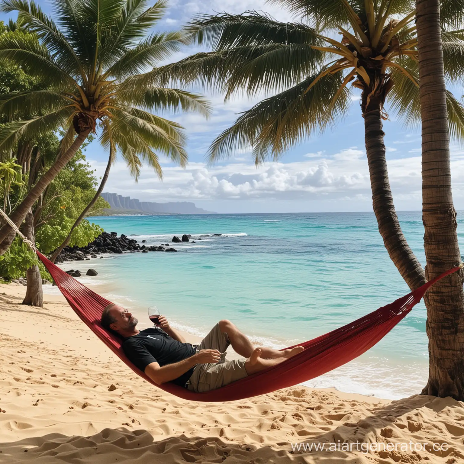 Стив Джобс лежит на гамаке между пальм и пьёт красное вино, смотря на кристальное море на Гавайях