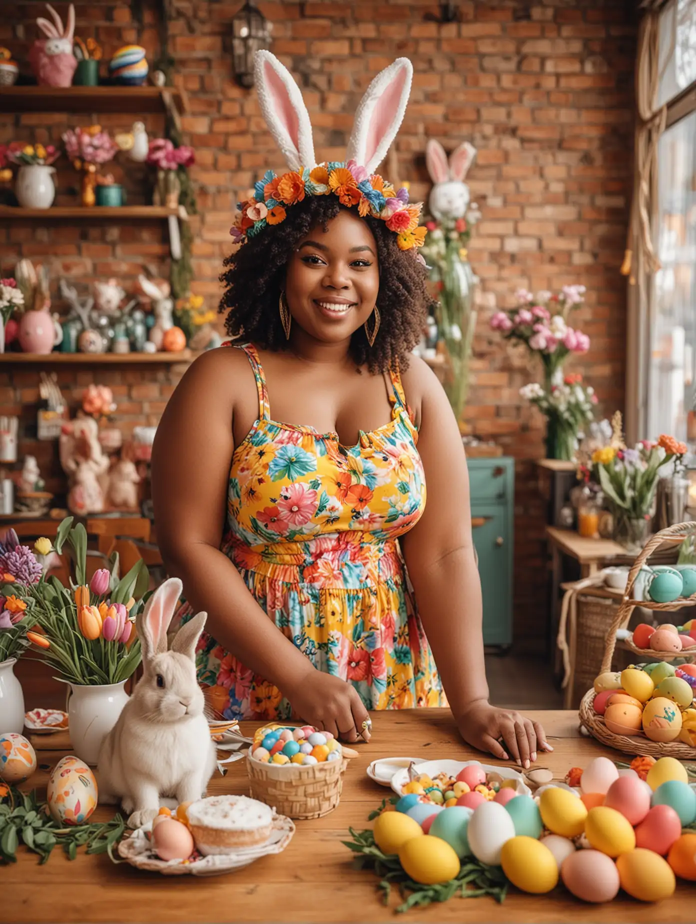 Stylish African-American fat girl in the cafe, fancy clothes, bunny elements, creative flower hat, colorful, Easter eggs, festive atmosphere, the cafe is decorated with Easter decorations, full of festive atmosphere, strong Easter atmosphere, facing the camera , exquisite facial features, professional photography technology, full-body photos