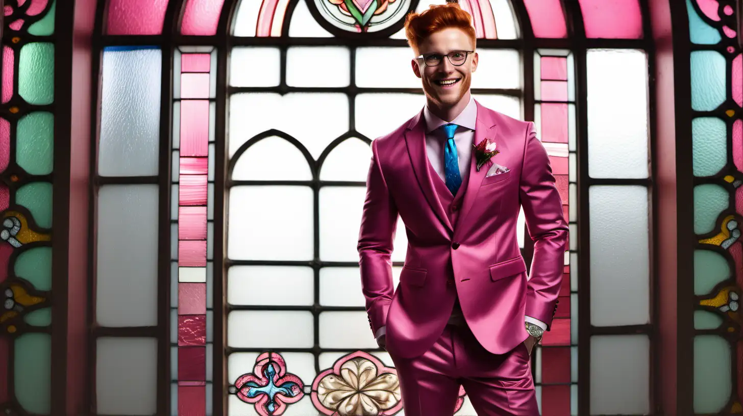 Handsome redhead muscular short hair stubbles glasses bridegroom  pink suit stained glass full body shot smiling at the viewer 
