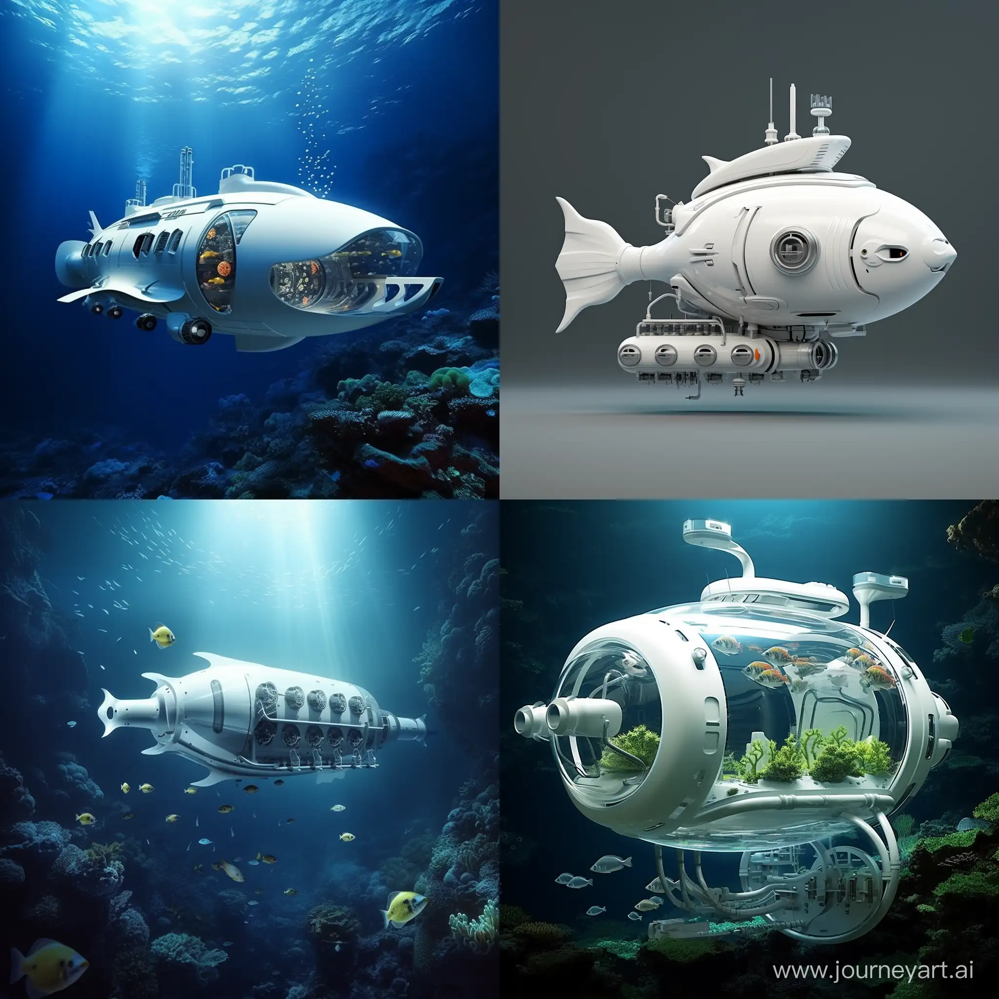 Make a minimalistic, white, medium size, self steered submarine. Make it huge and with fish like features 