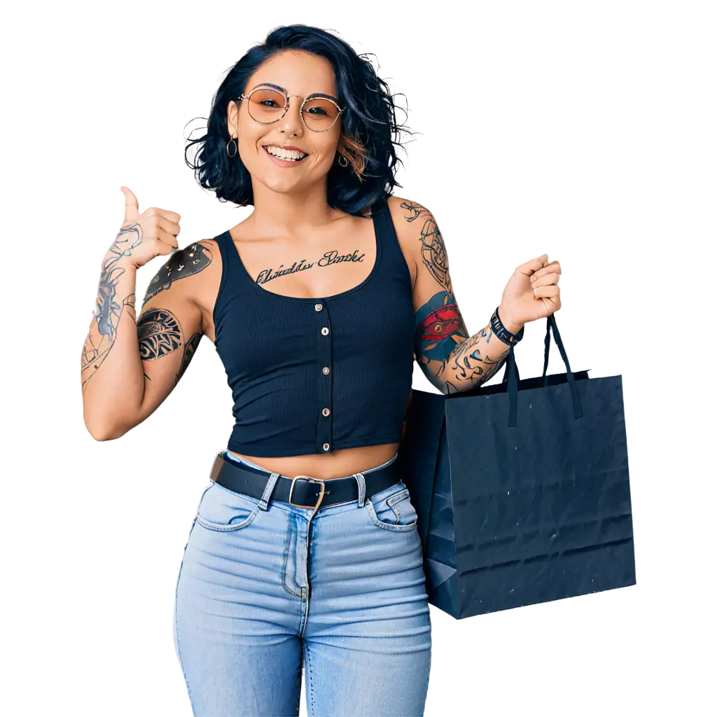 A young lady in a retro-style attire, sporting a smile, HEAVY JEWELLERY, adorned with tattoos, showcasing her jeans with a tongue protruding out, adorning a black singlet shirt with a design, adorning sunglasses, and carrying a shopping bag.
