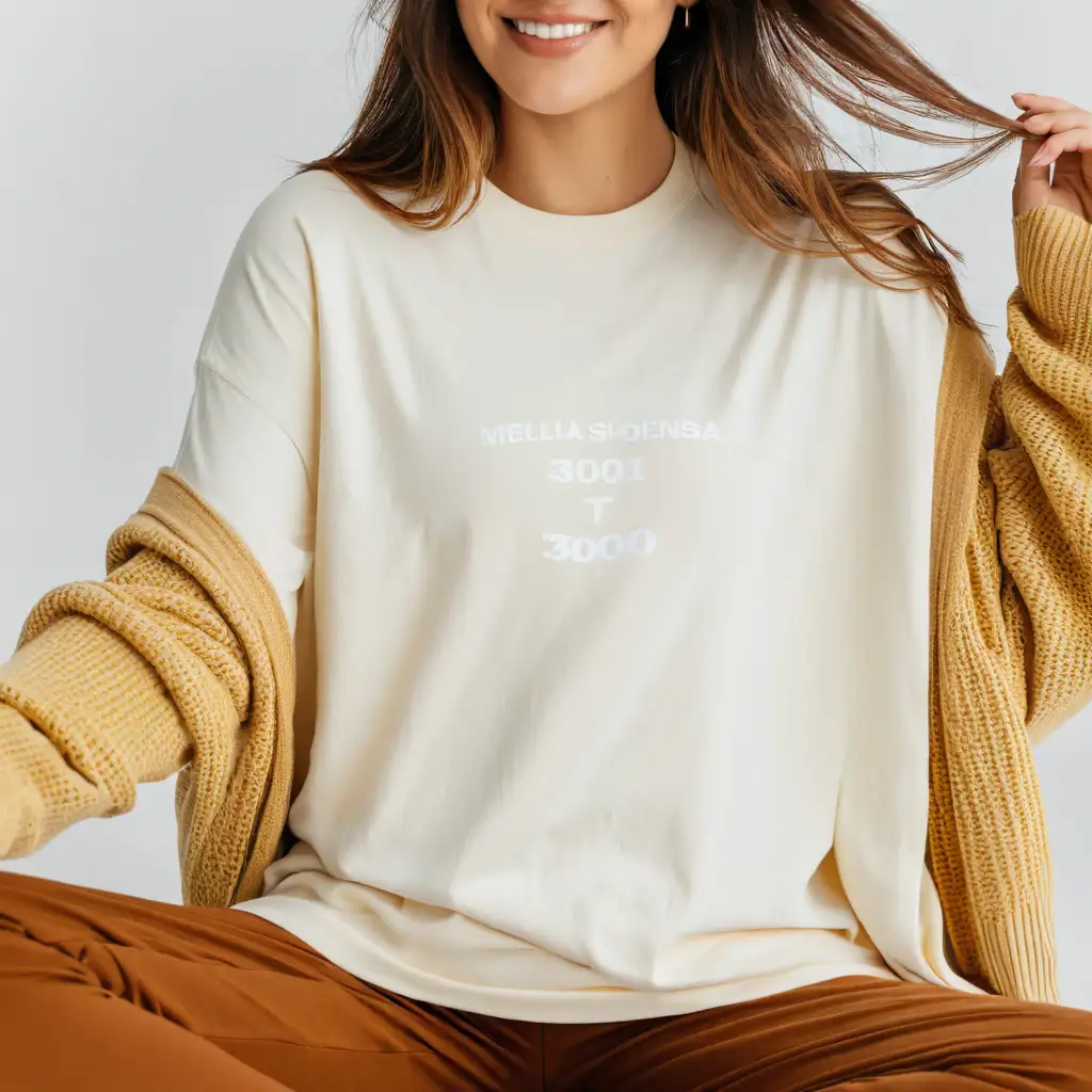 younger woman wearing soft cream oversized bella canvas 3001 t-shirt mockup, with cardigan , sitting
