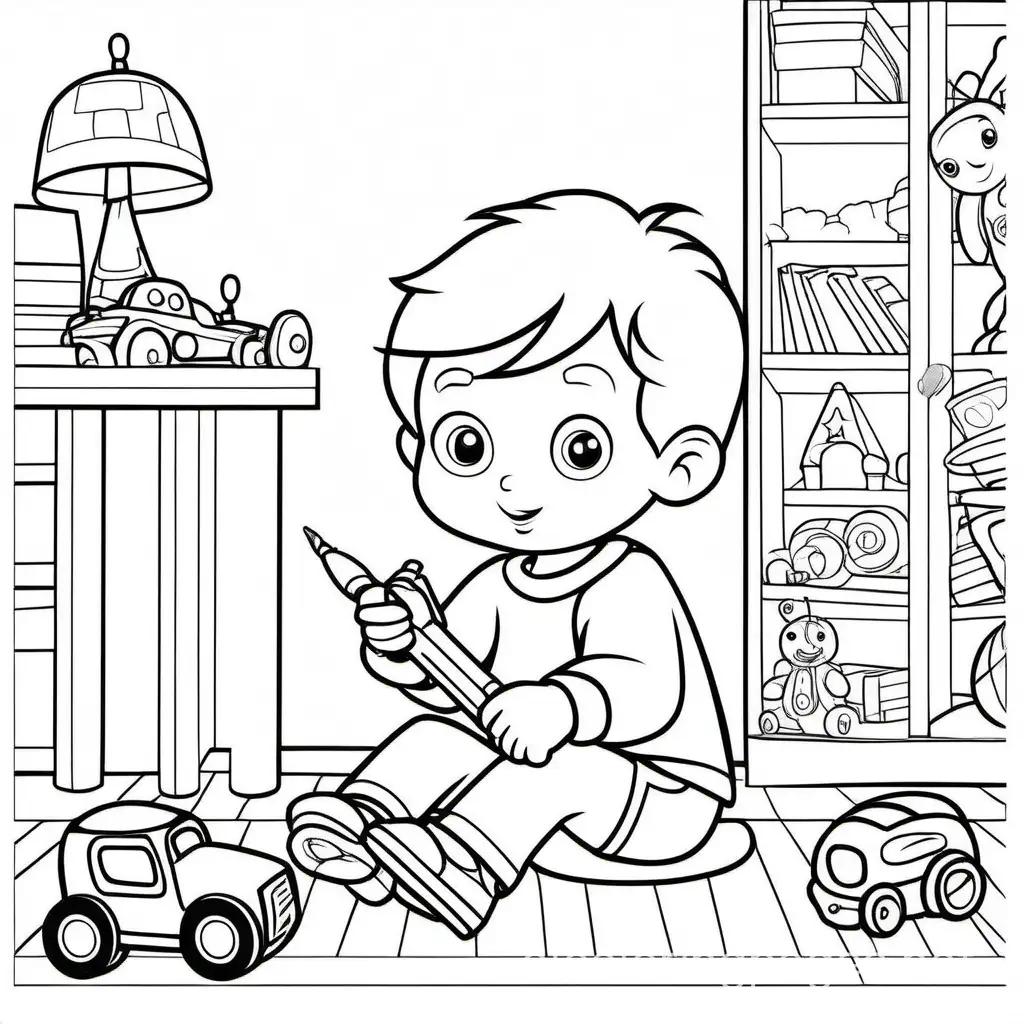a boy playing with toys, Coloring Page, black and white, line art, white background, Simplicity, Ample White Space. The background of the coloring page is plain white to make it easy for young children to color within the lines. The outlines of all the subjects are easy to distinguish, making it simple for kids to color without too much difficulty