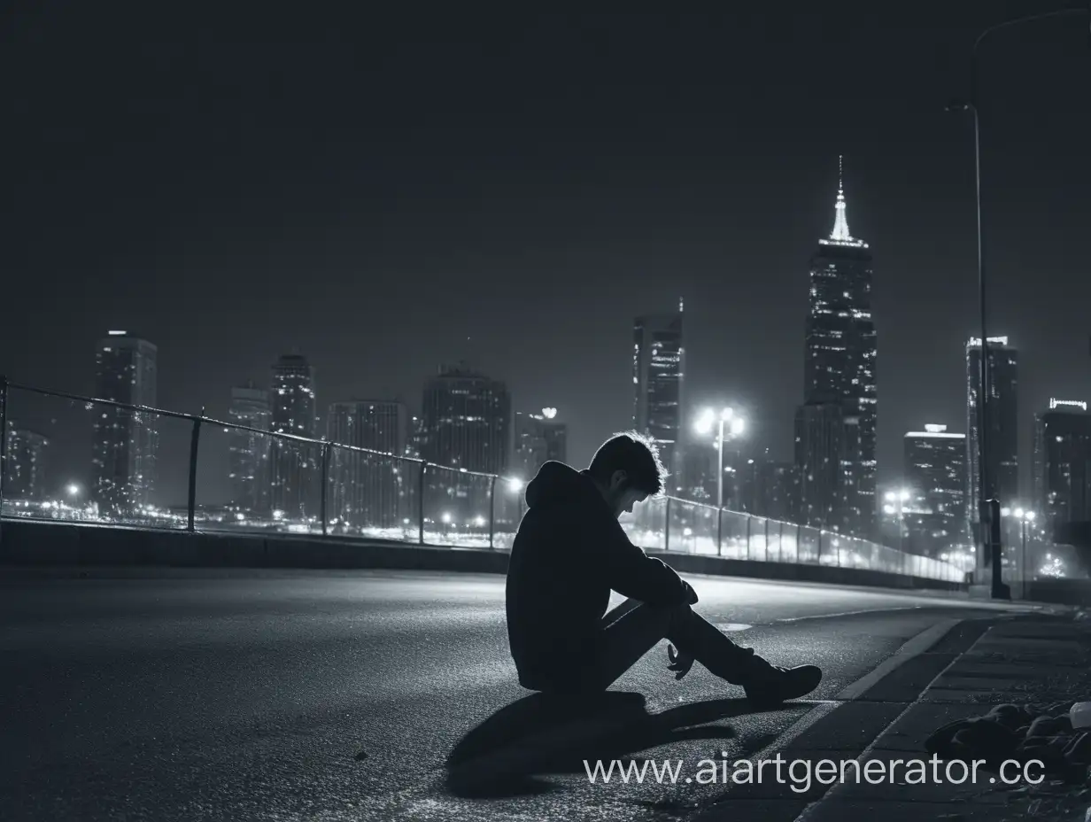 Одинокий молодой мужчина ночью падает над ночным городом в пустоте