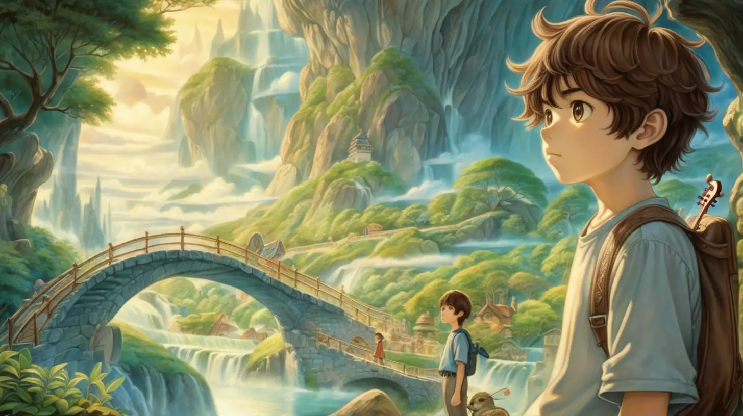 a boy with brown hair, beauiful illustration of fantasy, wonderland, avatar, soothing, dark, dreaming, music, amazing detailed game poster, Hayao Miyazaki --ar3:2 --niji 5