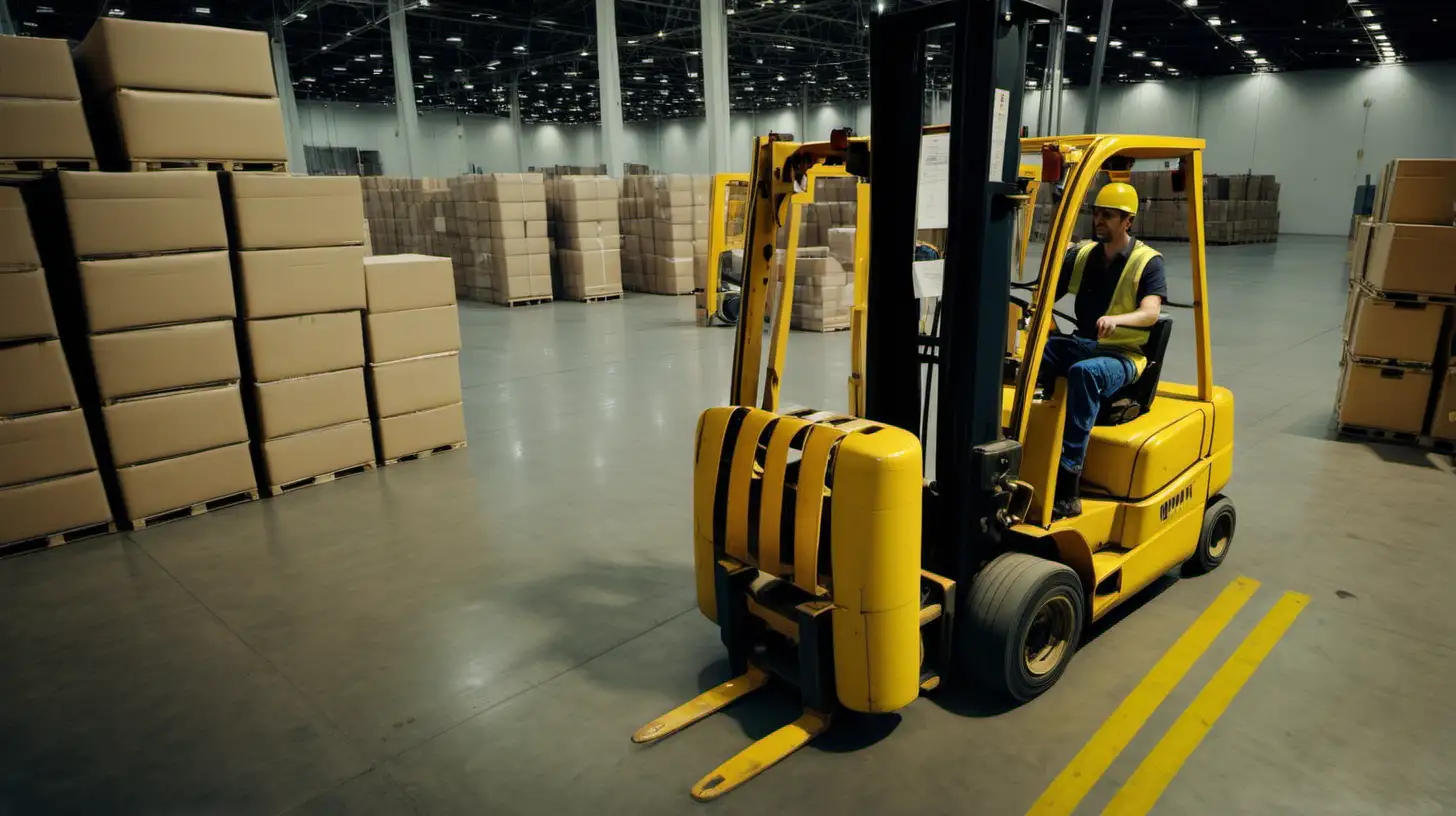 inside of large white warehouse, yellow fork lift moving material, driver wearing safety gear