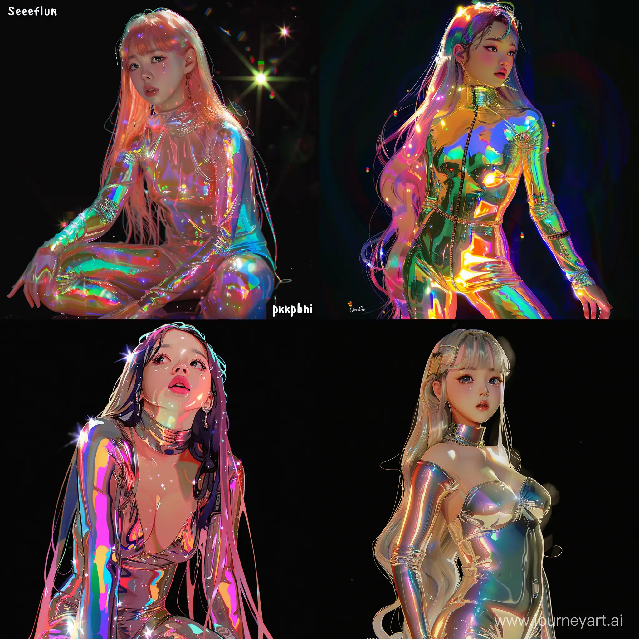 k-pop girl, wearing a chubby bodysuit, anime waifu, looking at viewer, highlydetailed, Gel coat, reflections transparent iridescent colors, long transparent iridescent RGB hair, artby Serafleur from artstation, thick acrylic, illustration on pixiv, waist up portrait, gorgeoussacred girl, best quality, ultra detailed, sad, clever, beautiful face beautiful lighton black background --v 6 --ar 1:1 --no 81445