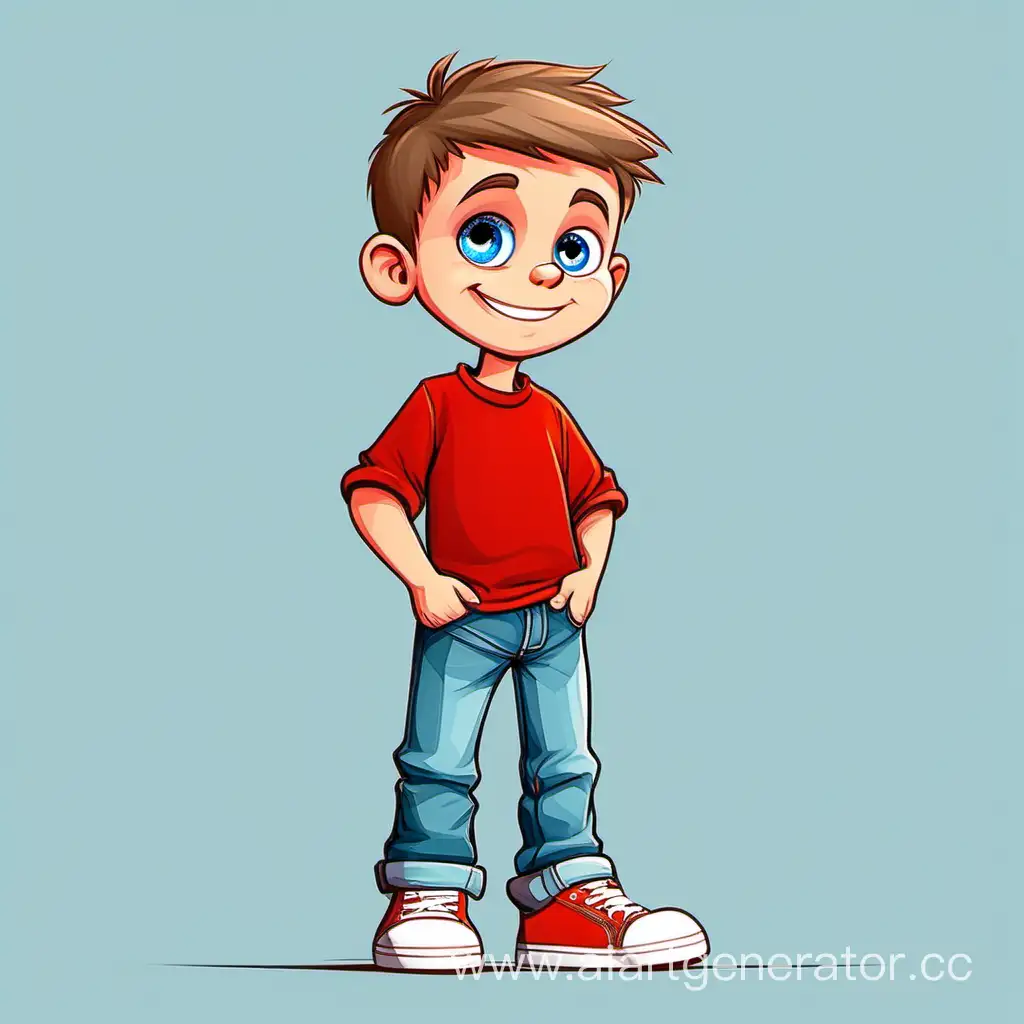 Арт мультяшного  мальчика в полный рост.Профиль.Большие голубые глаза и улыбка.В красной майке и джинсах.В белых кроссовках.