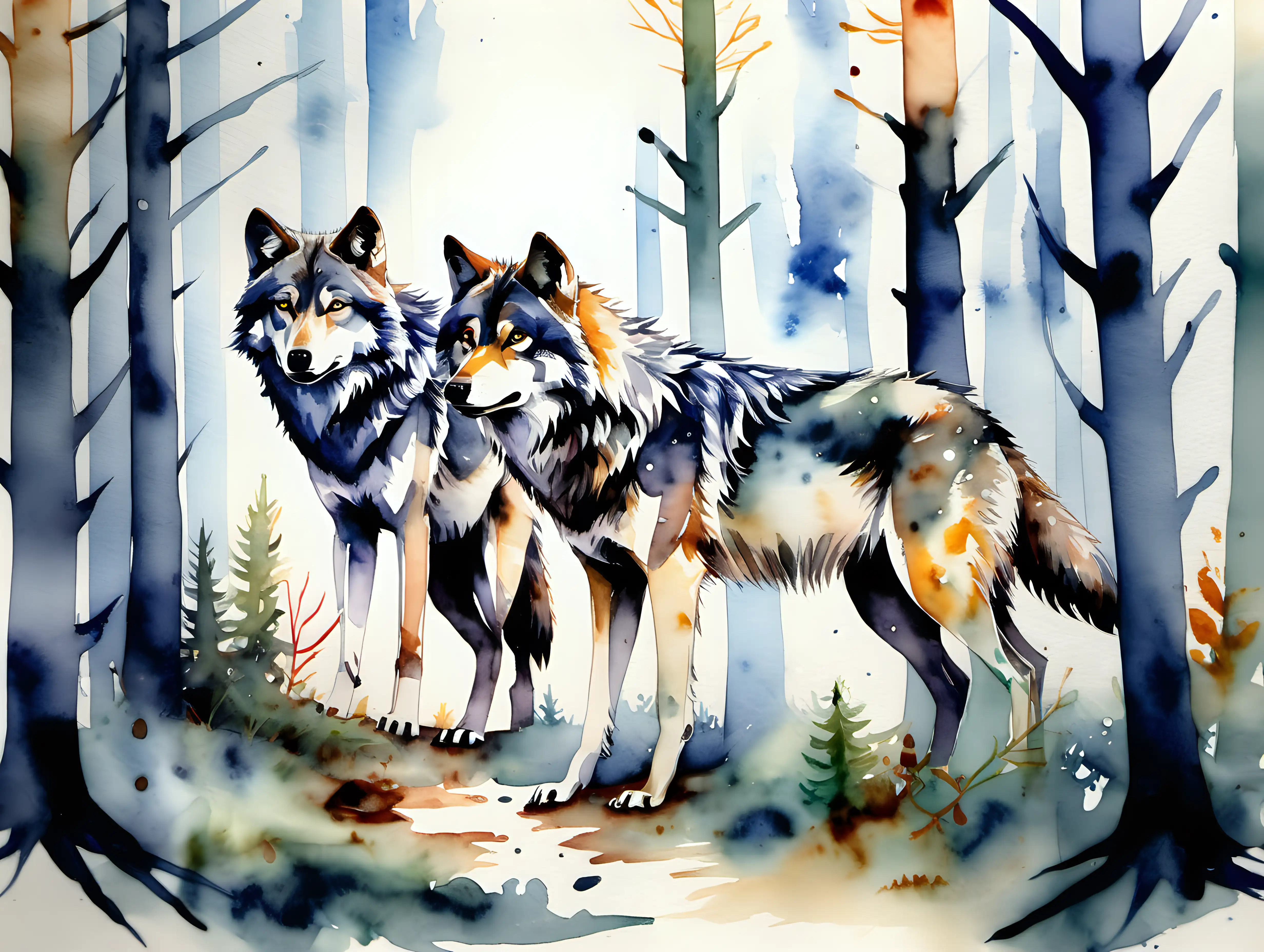 Enchanting Watercolor Wolves in a Mystical Forest