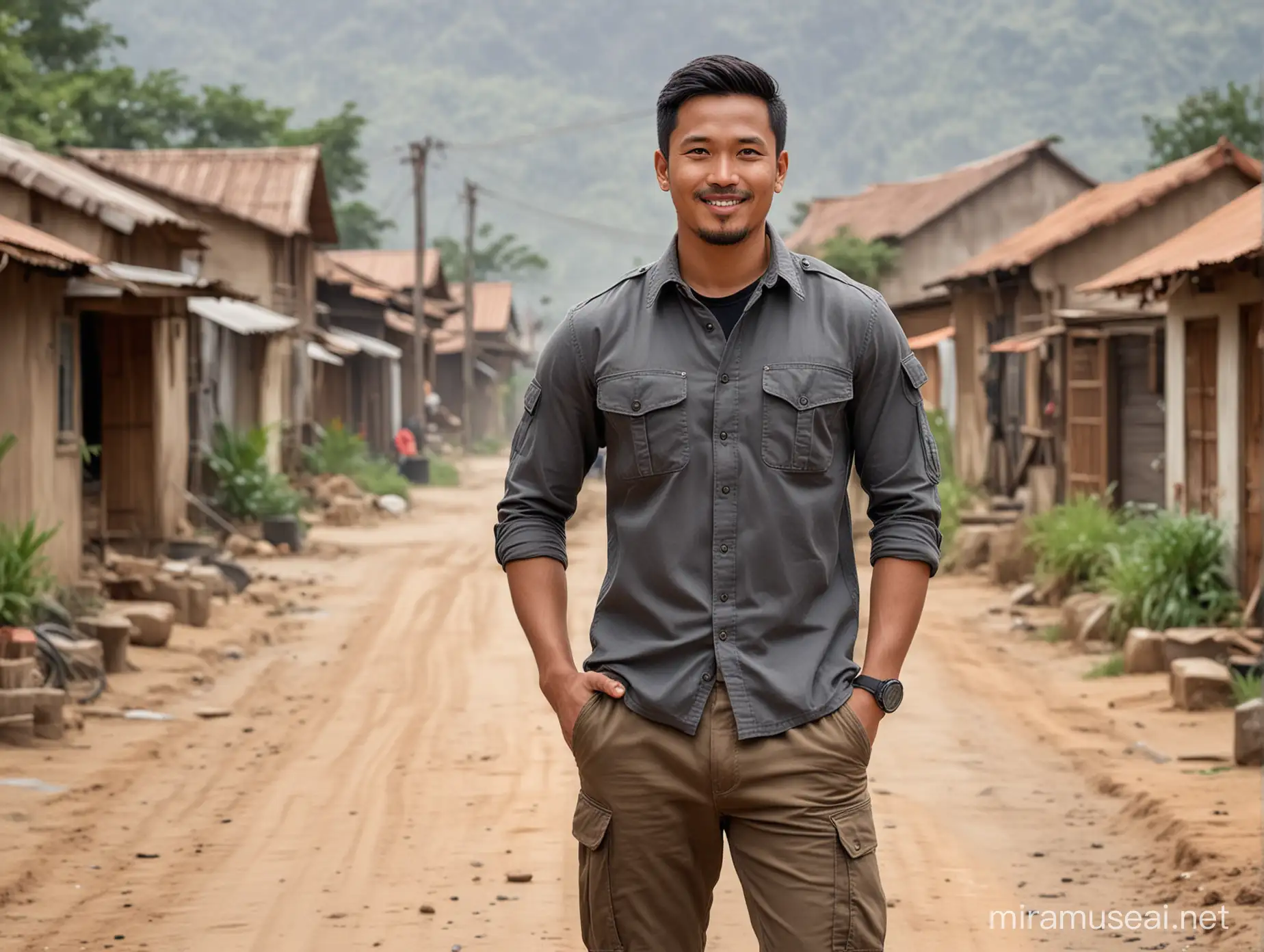Smiling Indonesian Man in Tactical Attire on Village Dirt Road