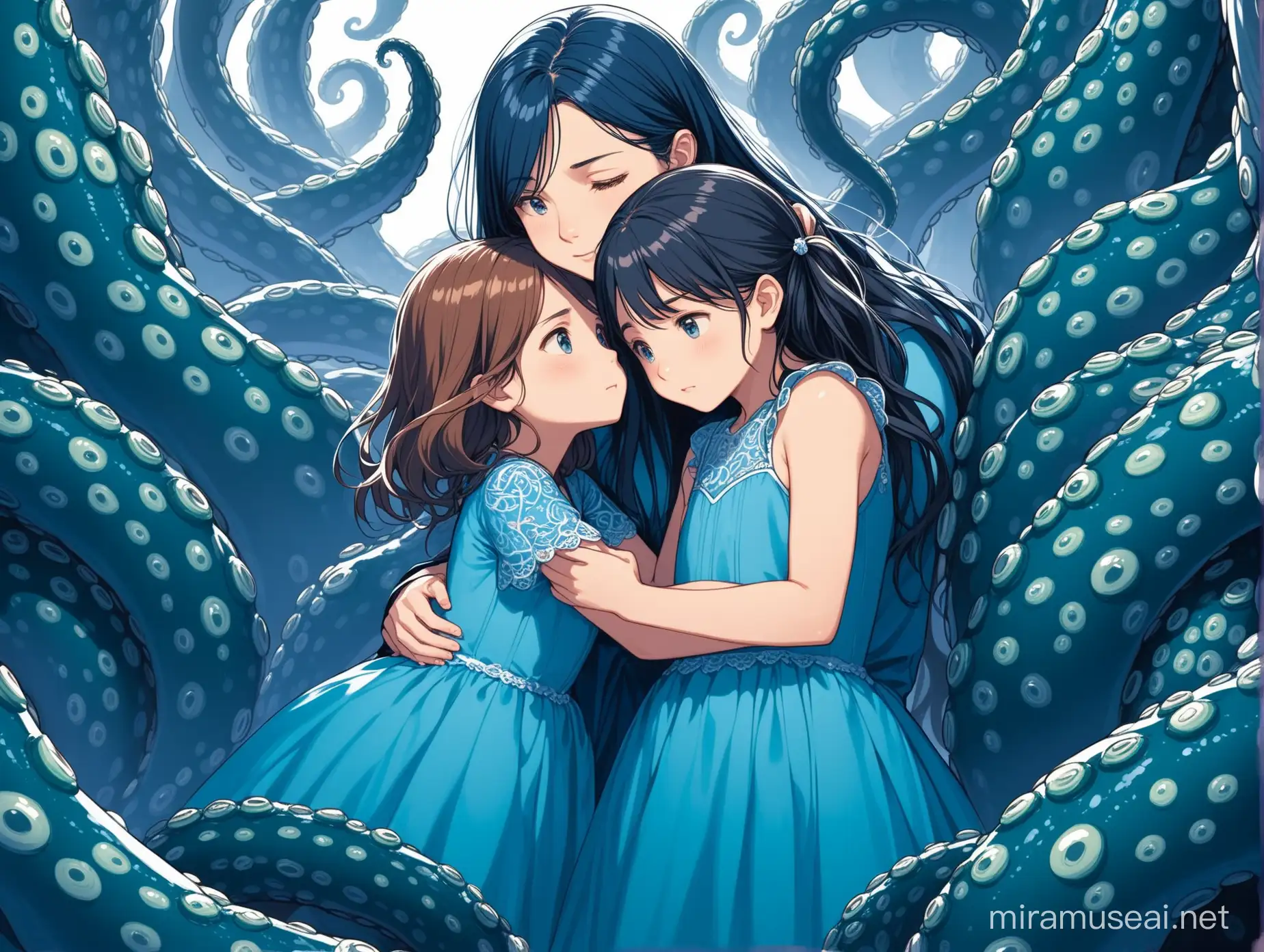 One female teenager and one female child, in fancy blue dresses, embracing each other, apprehensive, surrounded on all sides by tentacles coming from out of frame