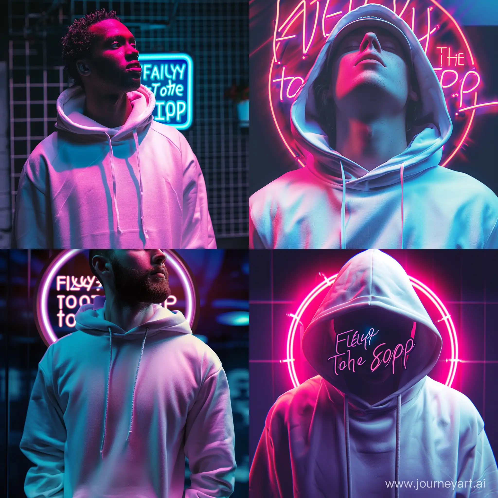 Programmer wearing a white hoody, "Flying to the the top" background text inside a neon light, realistic,  cinematic lighting, --ar 1:1 --quality 2