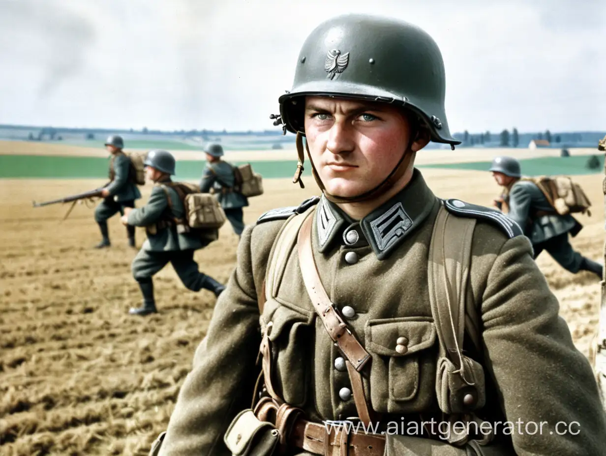 German soldier, 1939 equipment, wide fields on the background, battalion behind him