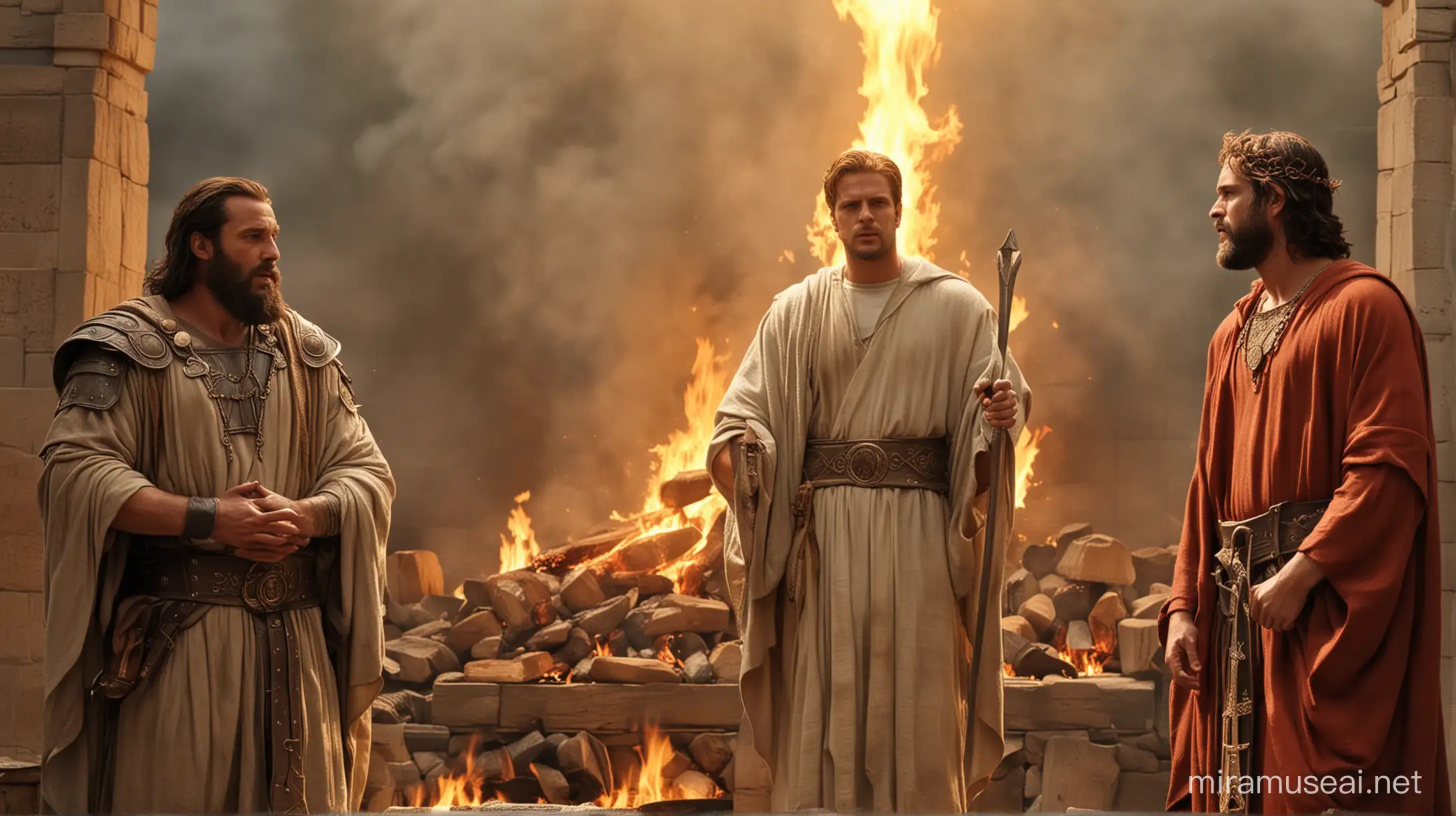 Three Men in Fiery Furnace Biblical Shadrach Meshach and Abednego Depicted in Fiery Trial