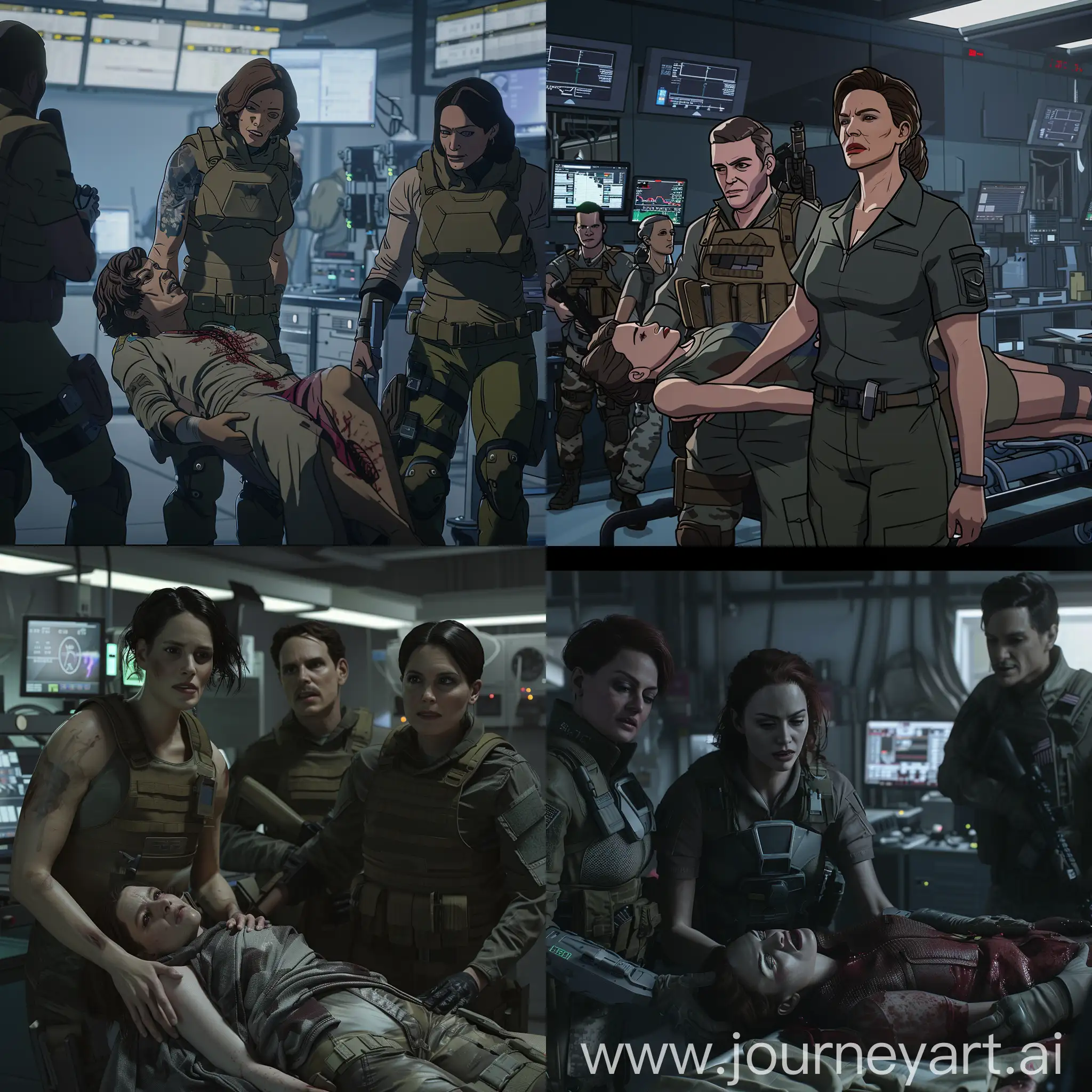 /imagine prompt: 2D animation, personality:US soldiers are seen dragging, who is unconscious, into the lab. The scene is filled with tension and urgency as Amanda Waller supervises the soldiers. The Woman is limp in their arms, her face expressionless. The lab is cold and sterile, with monitors and equipment in the background. Amanda Waller's face is stoic and determined as she watches the scene unfold. unreal engine, hyper real --q 2 --v 5.2 --ar 16:9